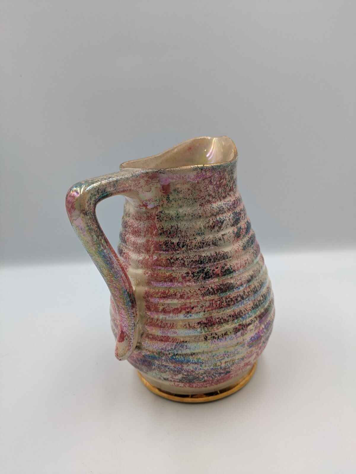 Large Vtg Mottled Pink and Pearl Lustre Ribbed Jug Govancroft Stoneware Glasgow