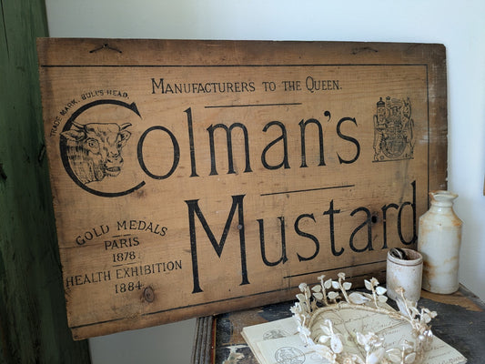 Antique Sign Colman's Mustard Wooden Crate Lid Original Advertising Wall Branded
