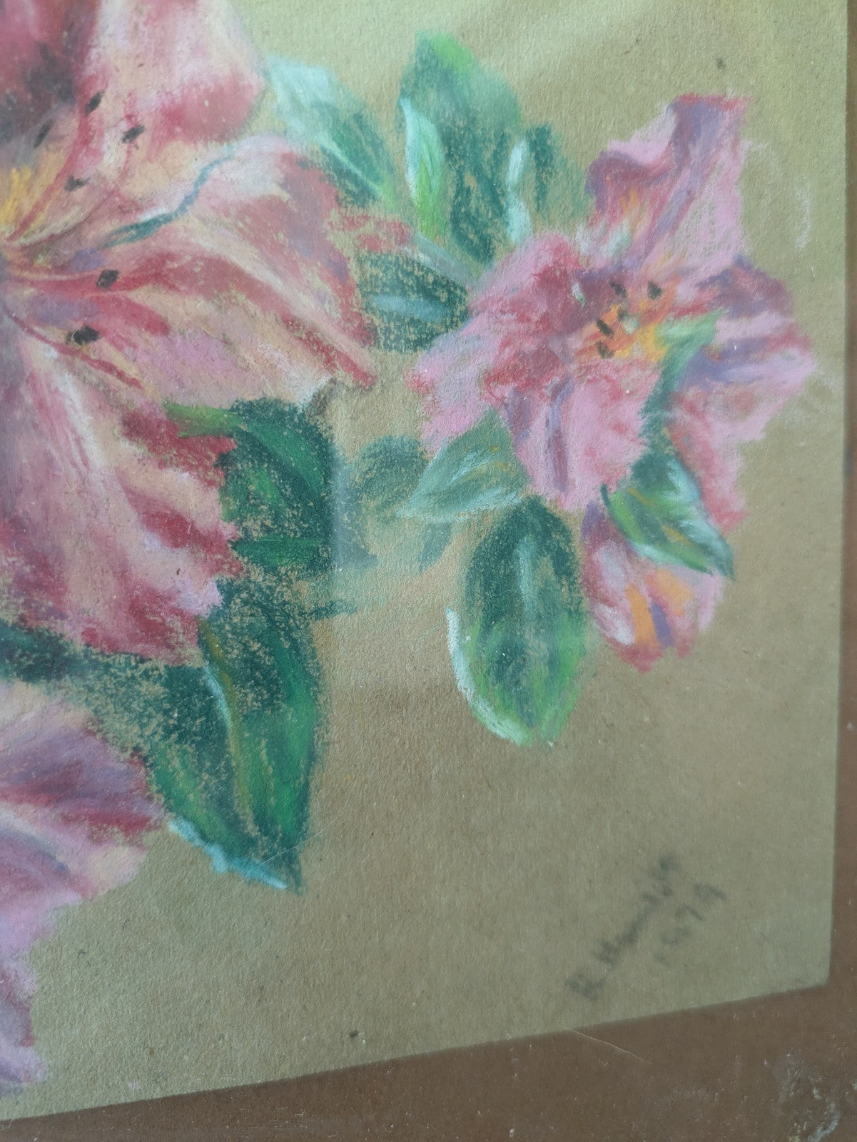Original Antique Framed Oil Pastel Painting Floral Bouquet Flower Still Life 70s