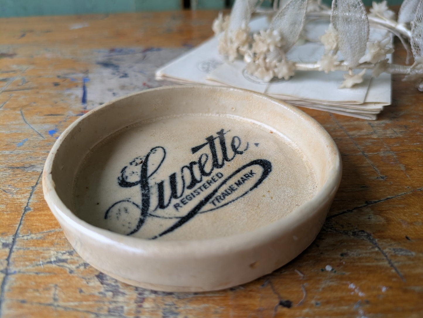 Old Vintage Antique Printed Pottery Ceramic Sign Tip Ashtray Luxette Soap Dish