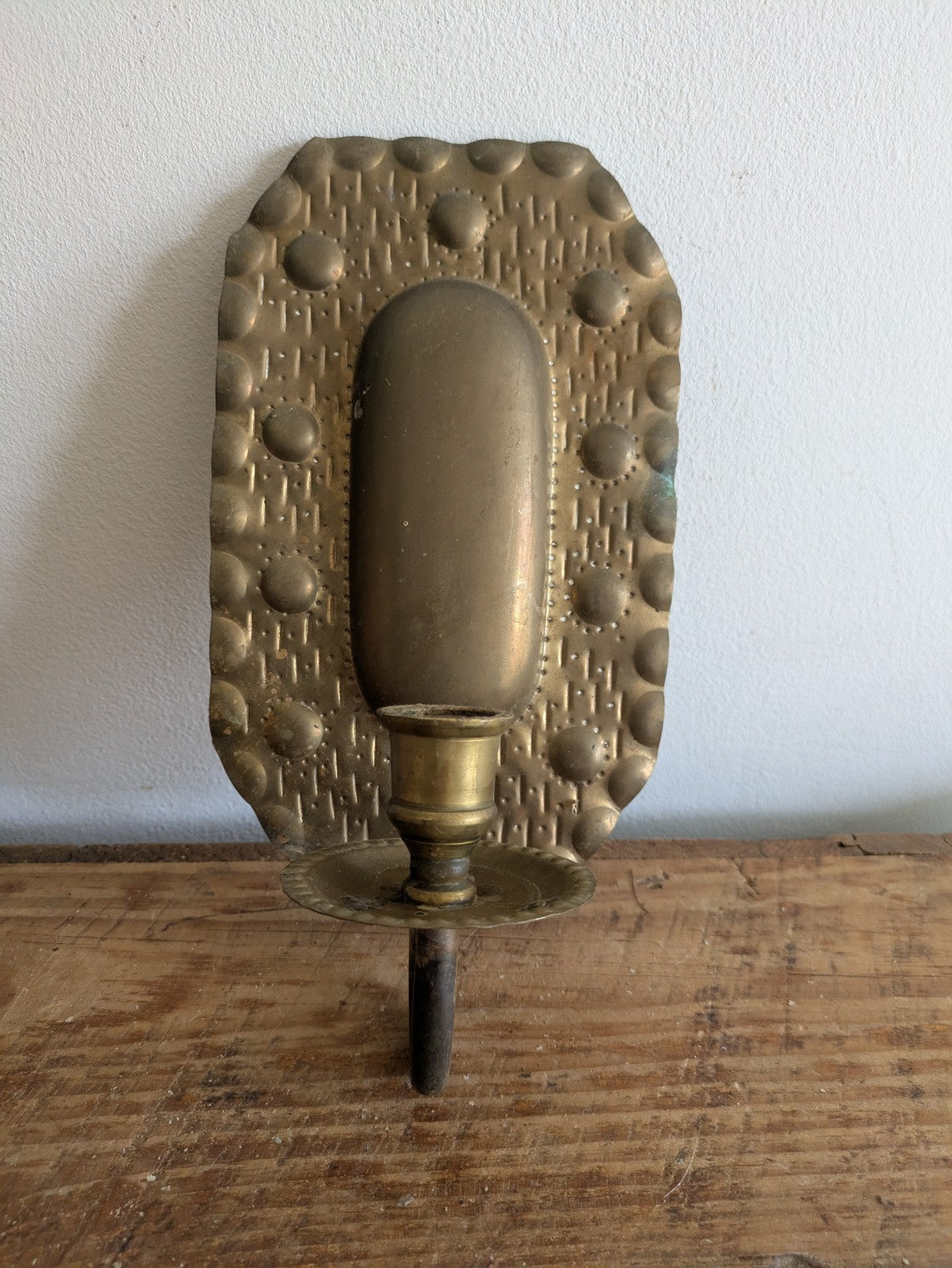 Superb Single Vintage Swedish Repoussé Brass Candle Wall Sconce Holder Hammered