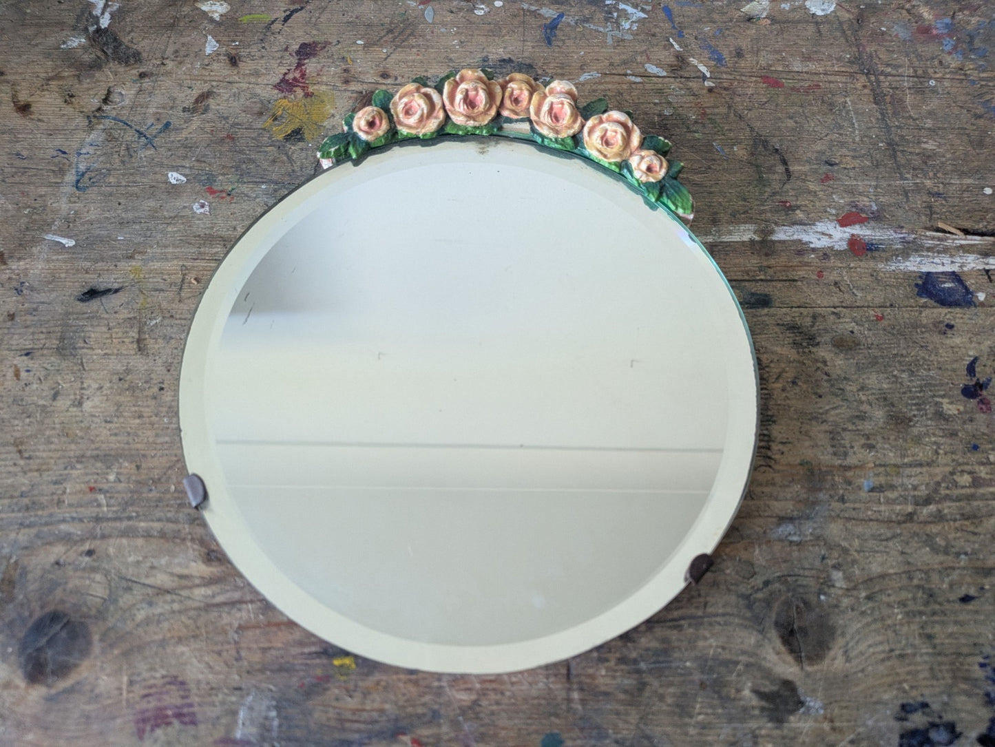 Vintage Barbola Mirror Circa 20s 1930s art deco floral antique Round bevel edge