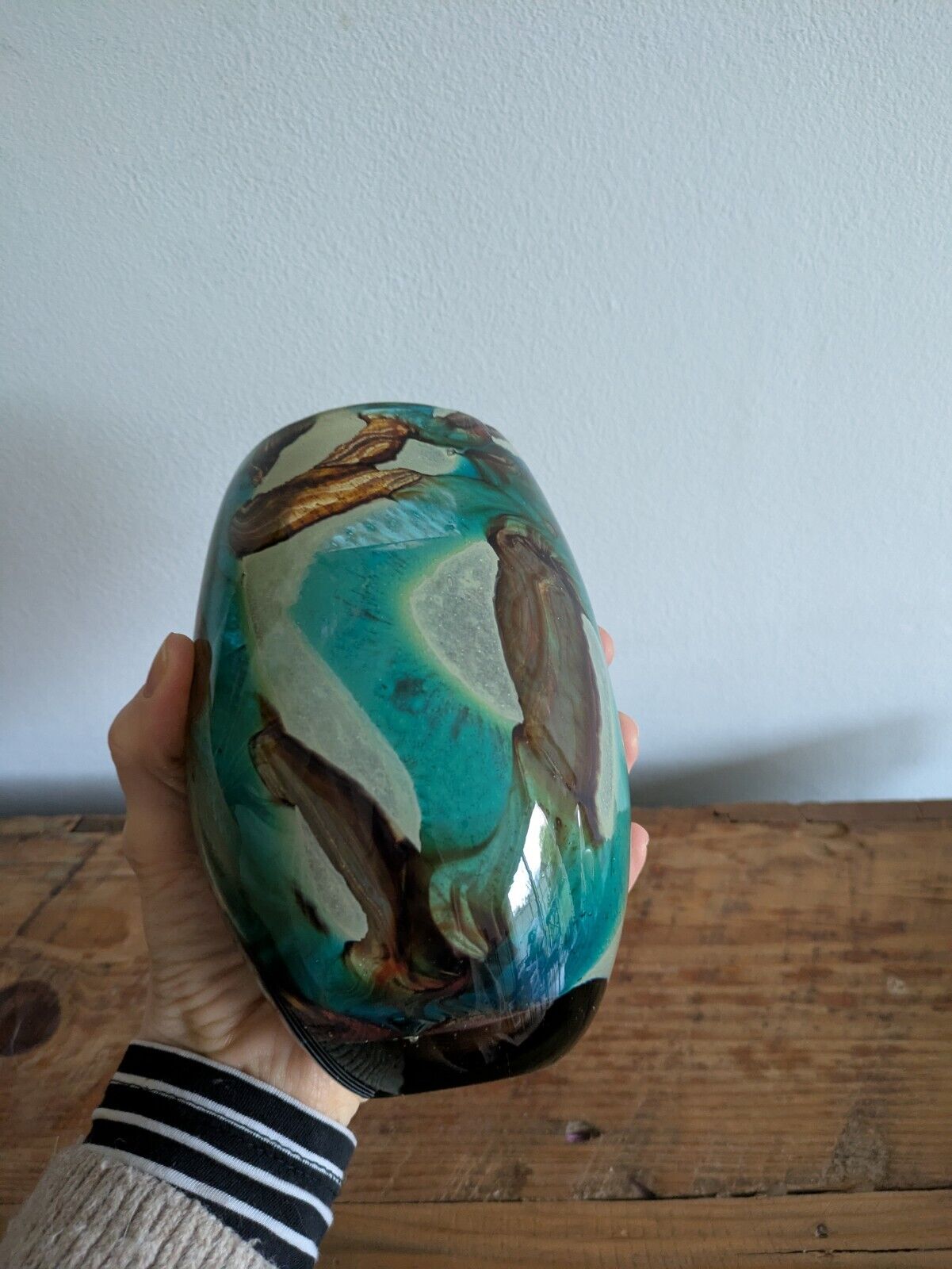 Vintage Mdina Maltese Glass 'Tiger' Pattern Ovoid Vase Art Retro Blue Brown Vgc