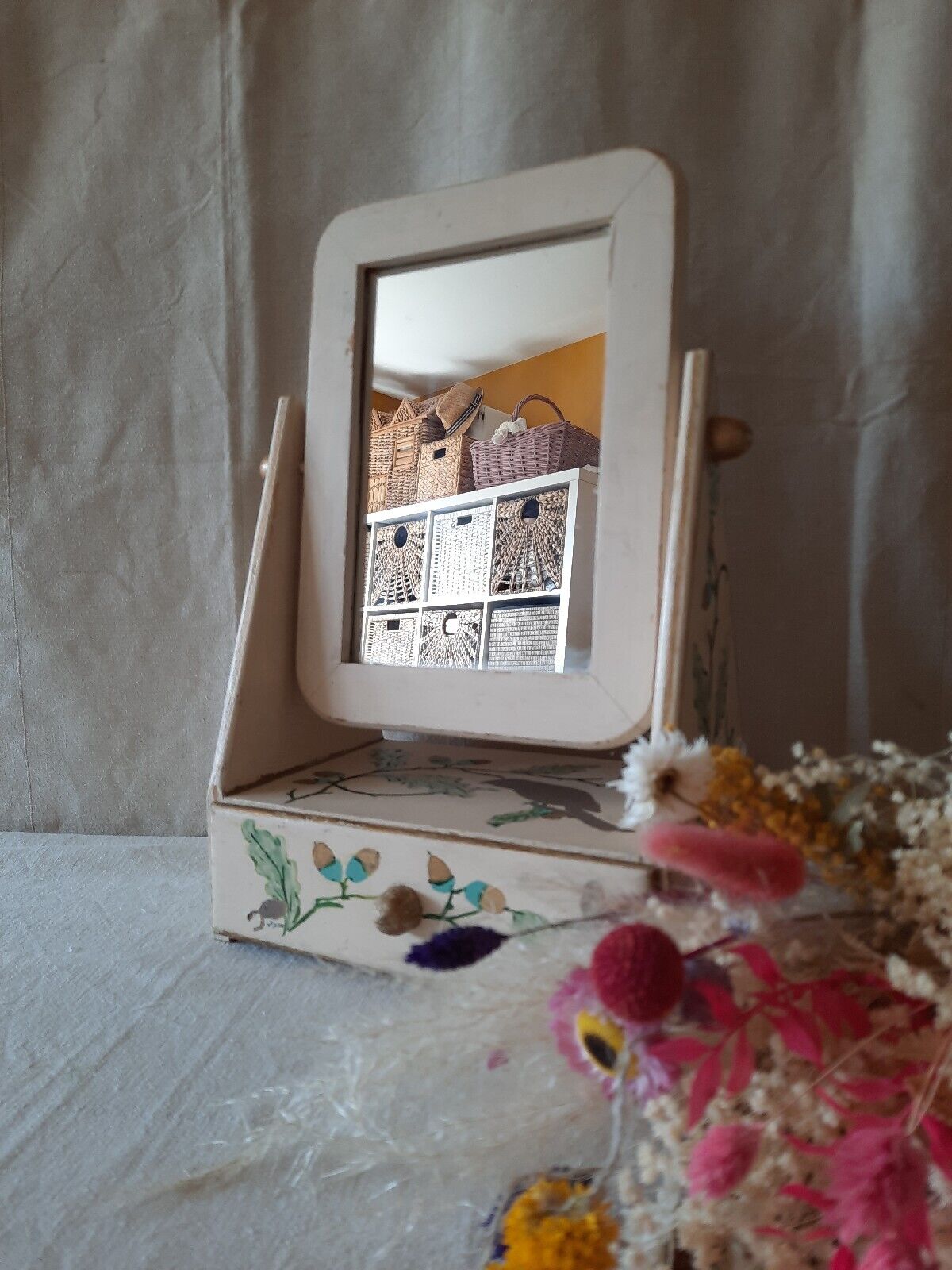 Vintage Wooden Vanity Mirror folk art Wood Table Top Swing Standing drawer old
