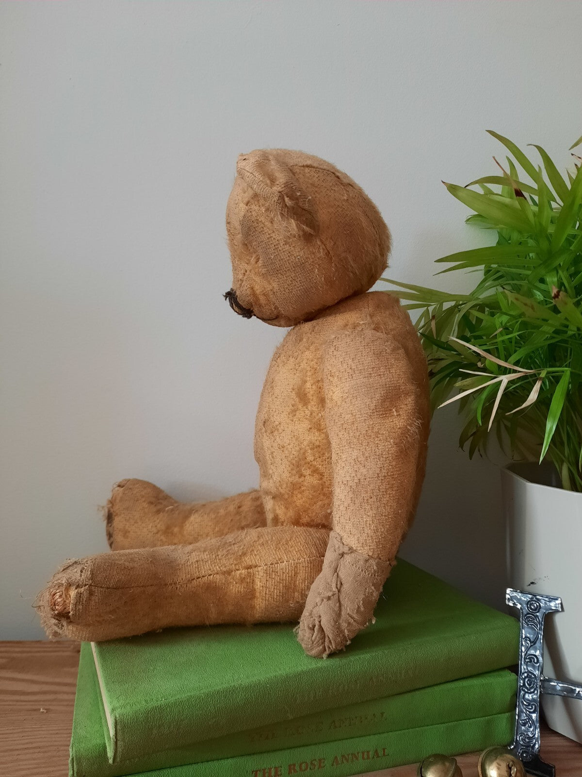 Antique Jointed Old Mohair Teddy Bear straw stuffed vintage RARE worn toy play