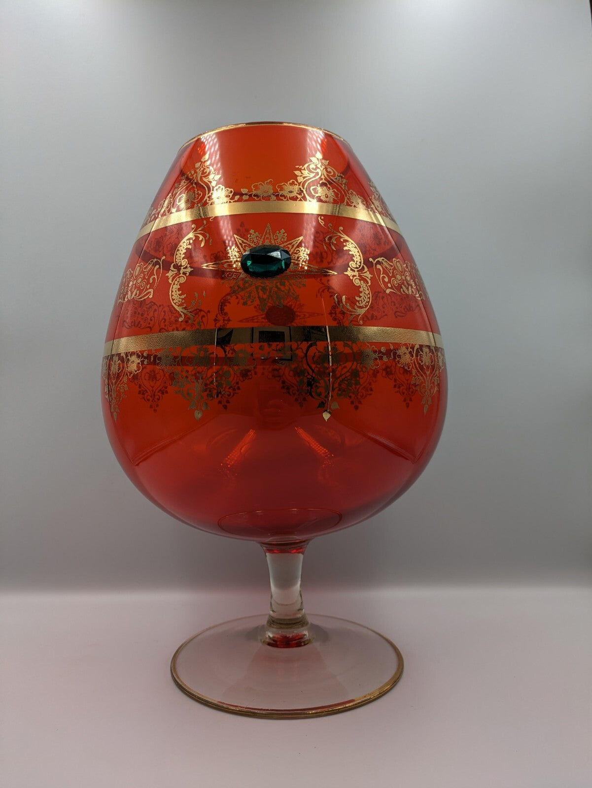 Vtg Cameo Venetian Ruby Gilt Gold Murano Glass Applied Gems Vase Snifter Brandy