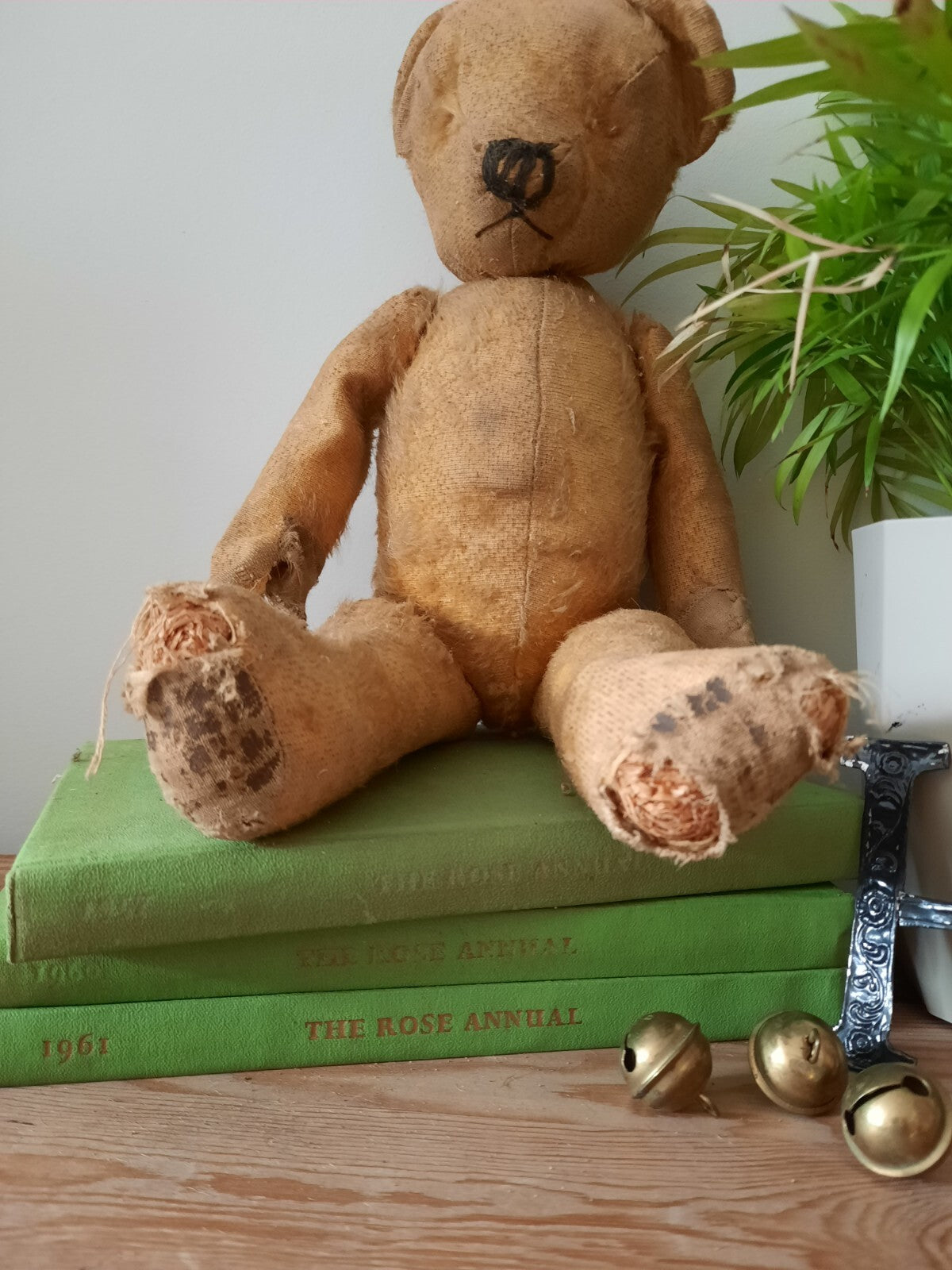 Antique Jointed Old Mohair Teddy Bear straw stuffed vintage RARE worn toy play