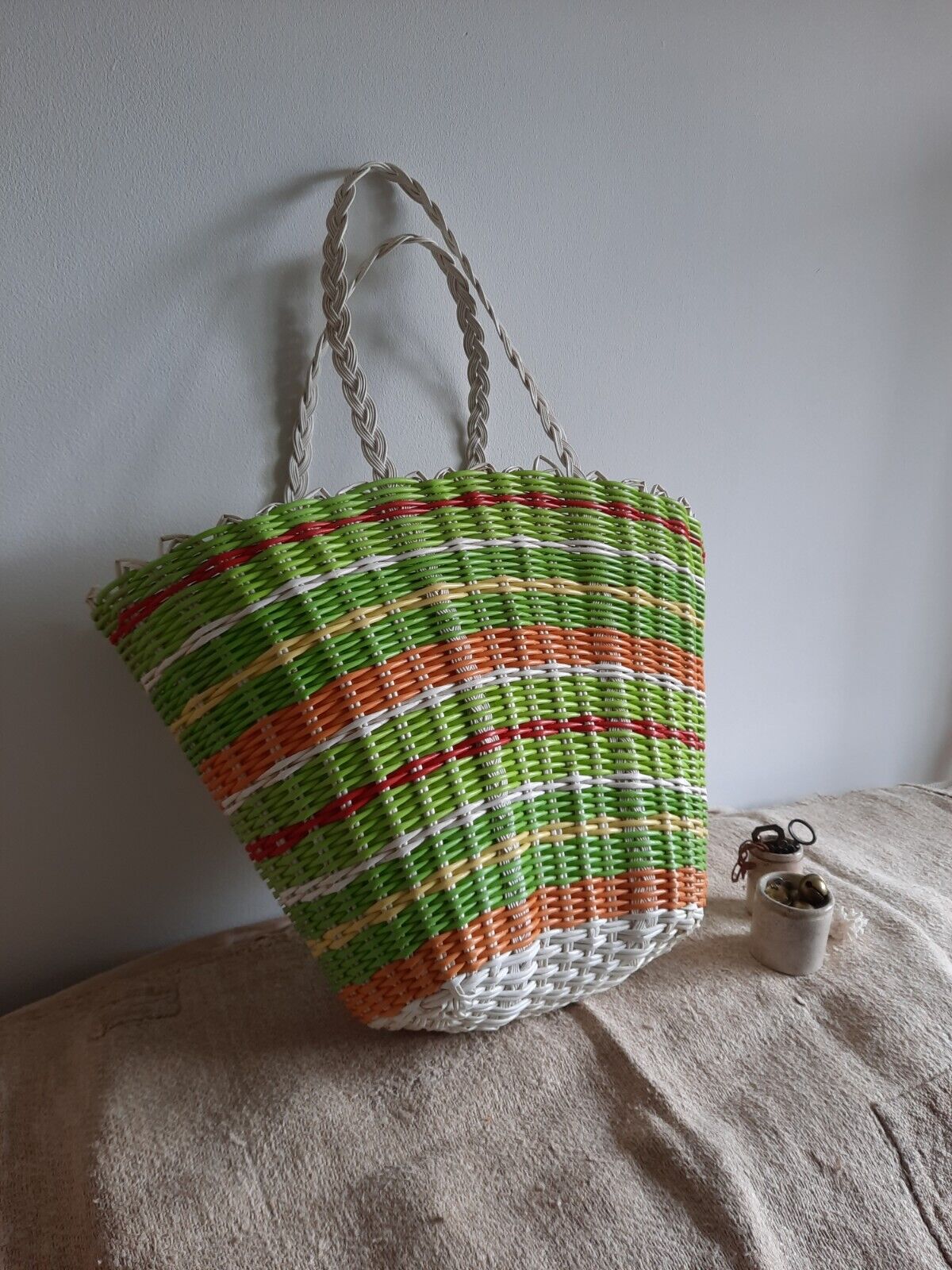 Vintage Woven retro large shopping basket handbag plastic bag green stripe old