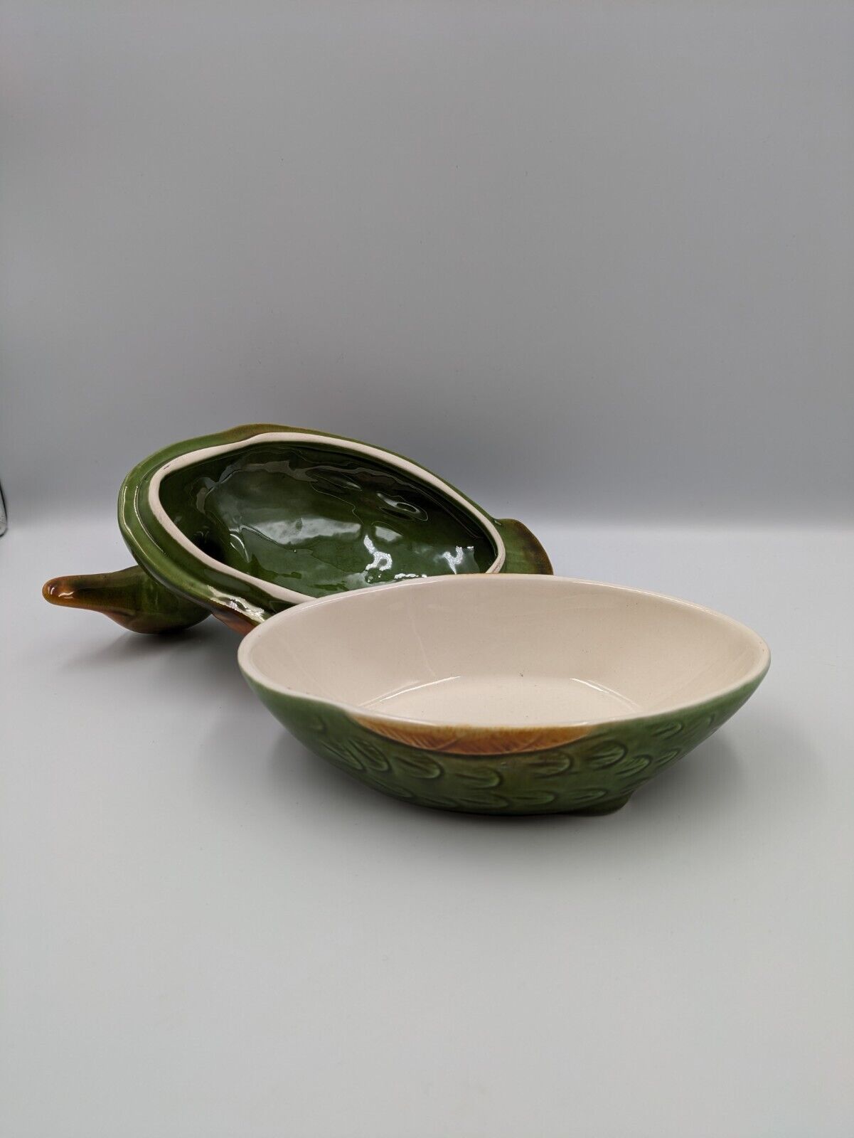 Ceramic WHAT'S VINCENT CADEAUX DUCK Egg Holder Tureen Pottery Green Bird Rare