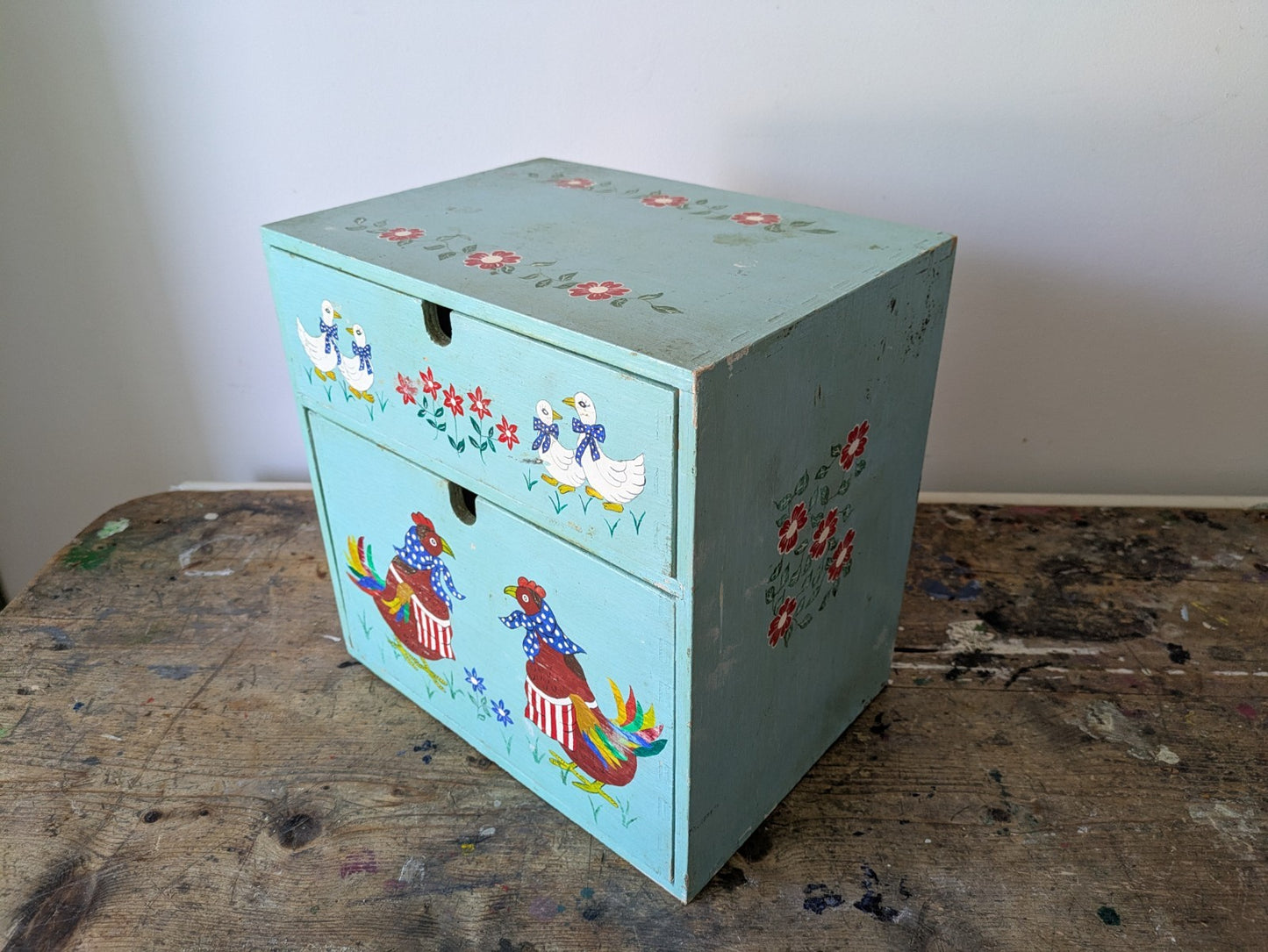 Folk Art Chicken CHEST of DRAWERS BOX KITCHEN Storage Wood Jewellery Vtg Floral