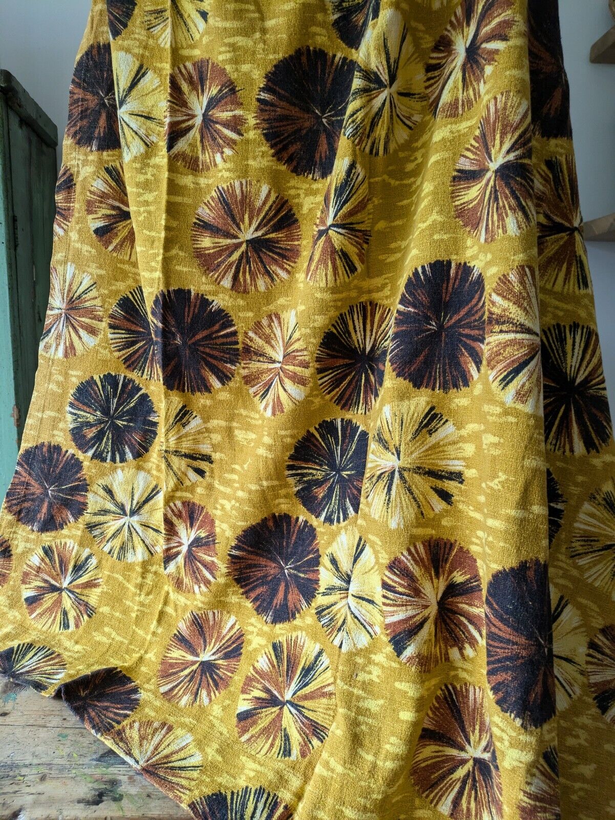 Pair of barkcloth Curtains Yellow rare retro vintage Mustard Spot Floral Bloom
