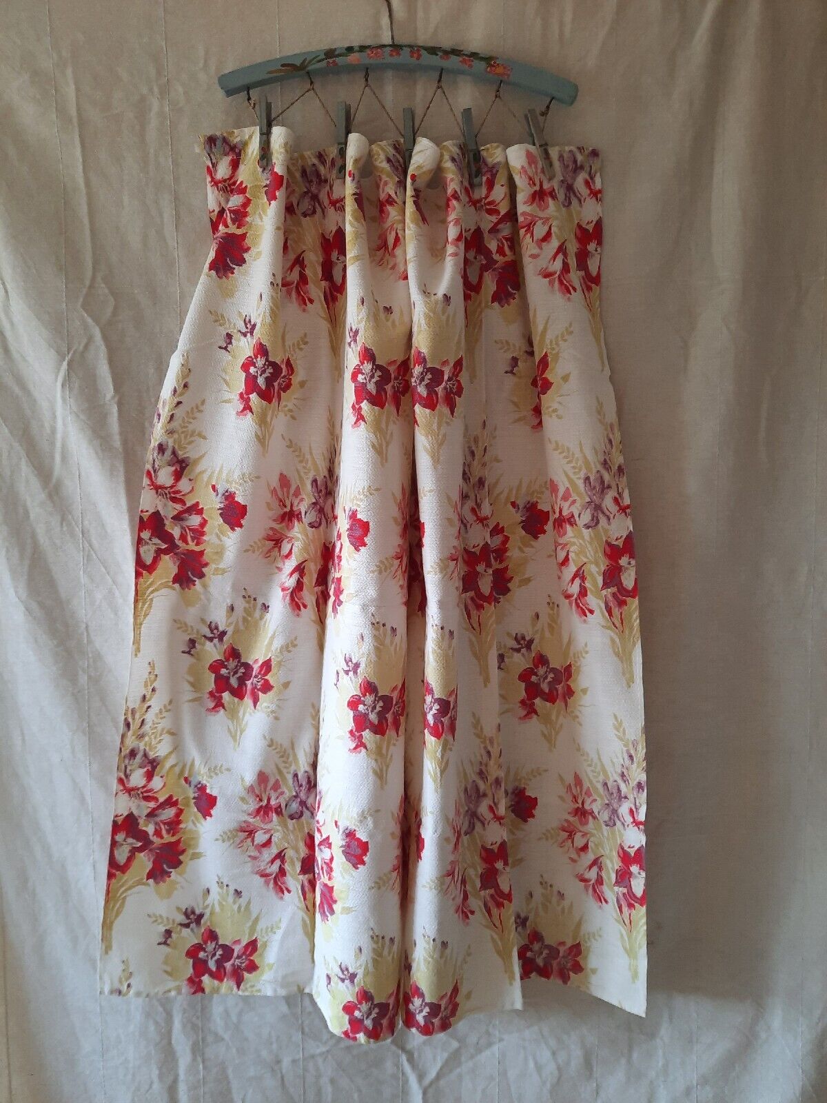 Pair of barkcloth floral Curtains W101cm L108cm Rose rare 1950s retro vintage