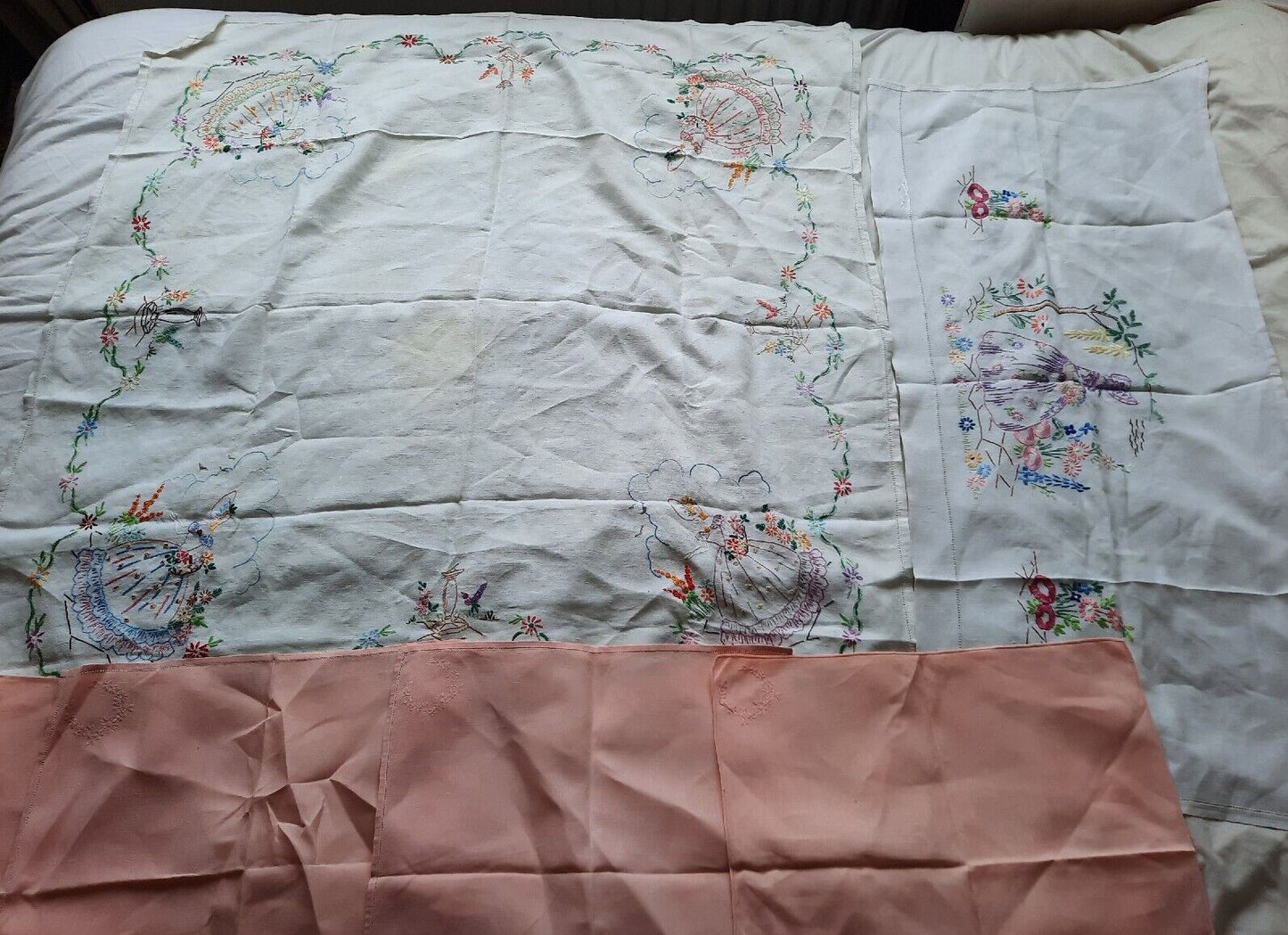 Job lot vtg embroidered retro table cloths cotton floral runner crinoline lady!!