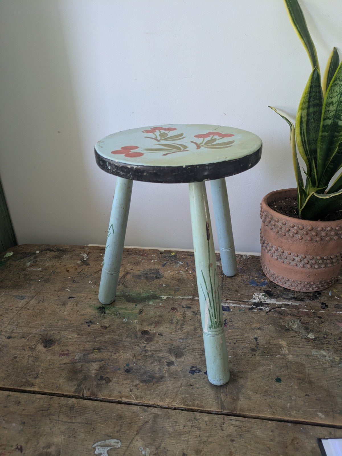 Vintage Stool Folk Art Hand Painted Cherries Blue Chippy Original Antique Tripod