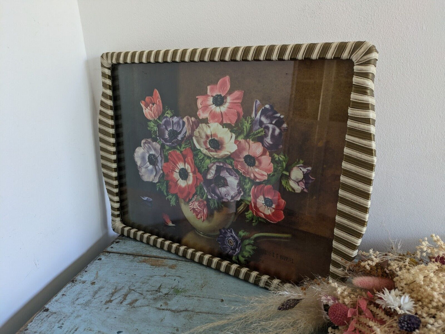 Vintage Retro Tray wrap handles Glass Floral Picture Poppy's Leslie S G Harries