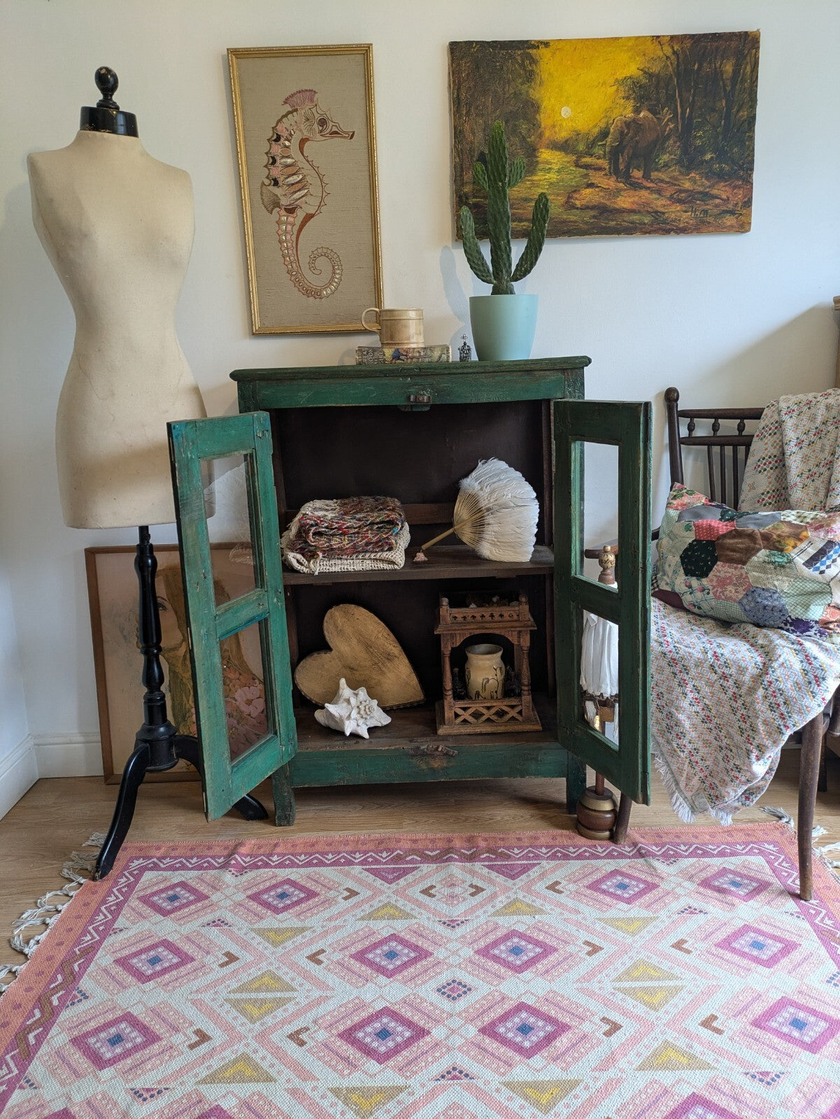 Restored Antique Vintage Indian Cabinet Cupboard Painted Glazed Reclaimed Green
