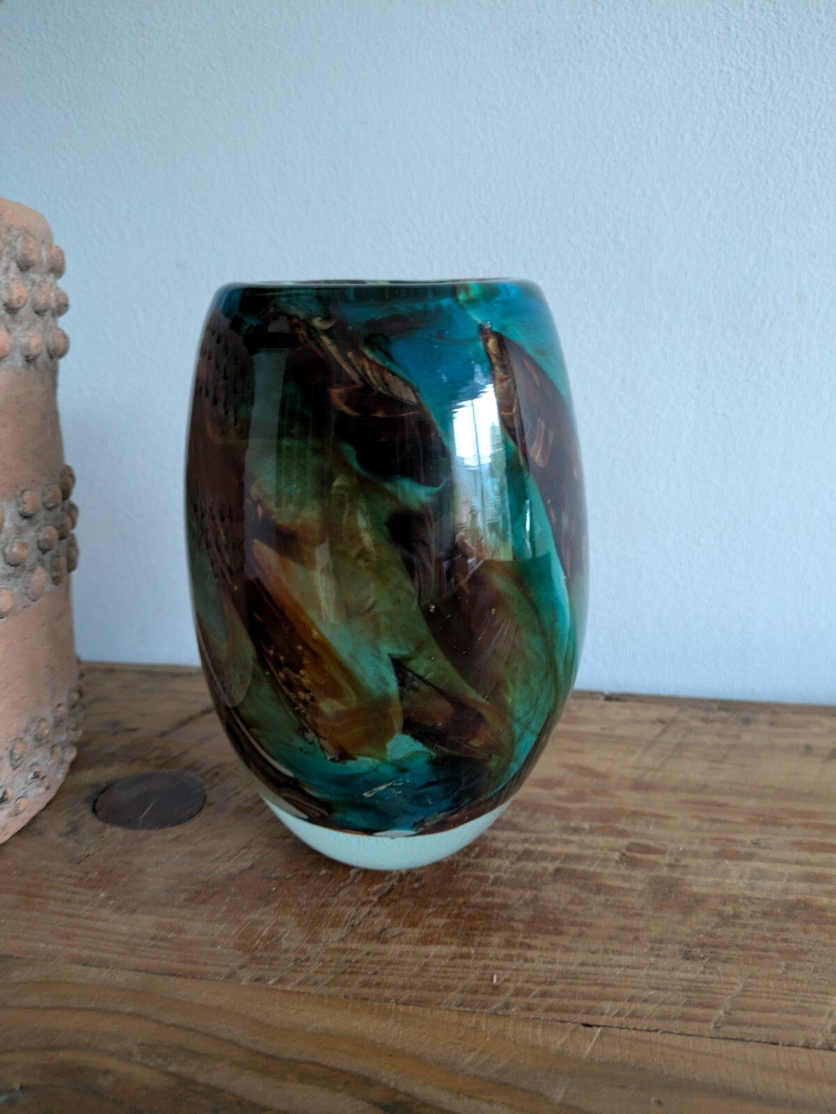 Vintage Mdina Maltese Glass 'Tiger' Pattern Ovoid Vase Art Retro Blue Brown Vgc