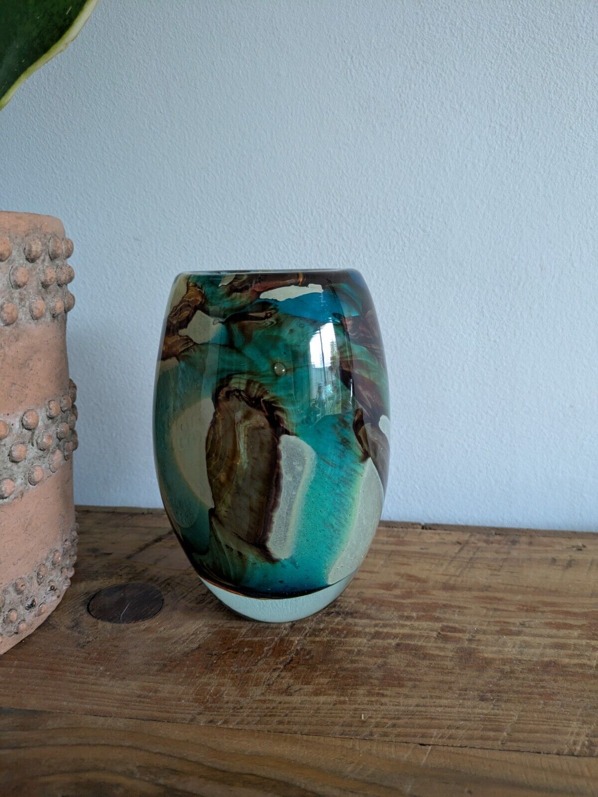 Vintage Mdina Maltese Glass 'Tiger' Pattern Ovoid Vase Art Retro Blue Brown Vgc