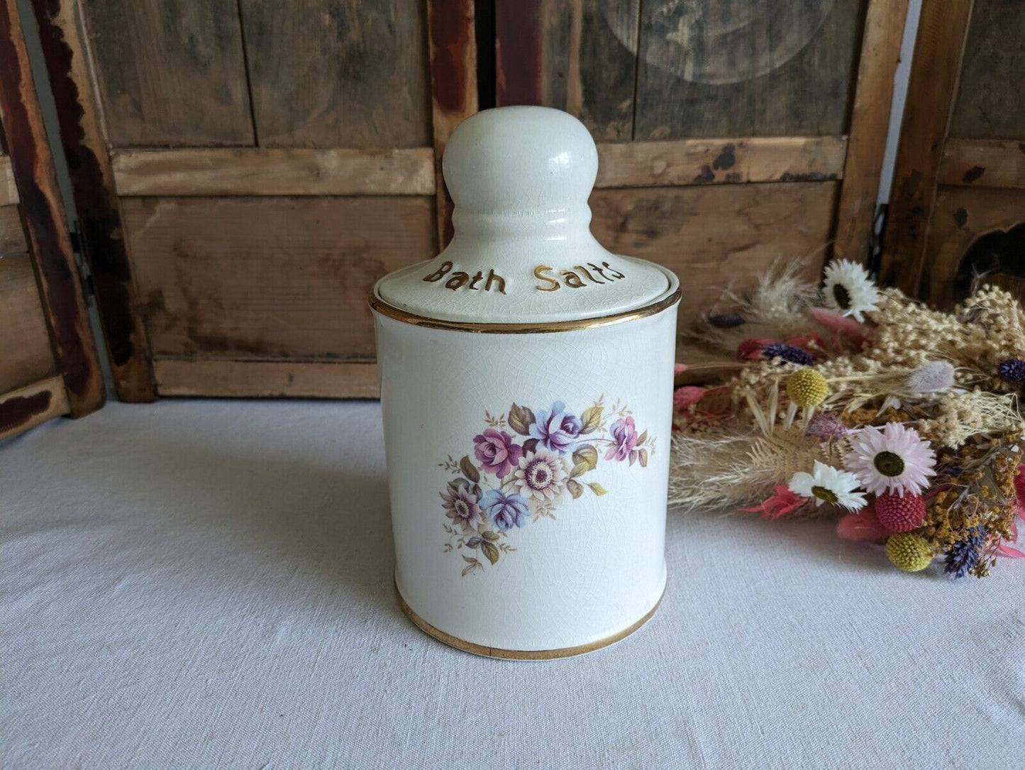LARGE VINTAGE CERAMIC LID POT BATH SALTS PRICE KENSINGTON FLORAL JAR CONTAINER