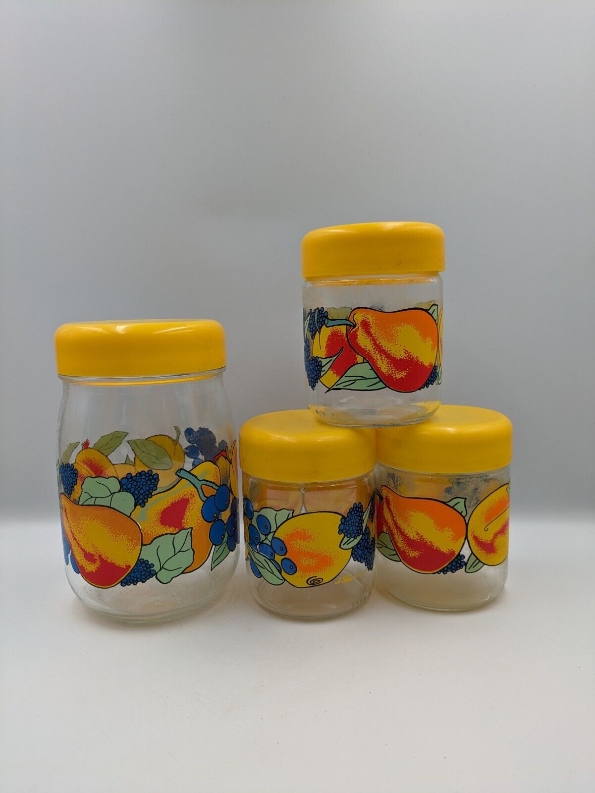 Set of 4 VINTAGE LE PARFAIT FRANCE STORAGE JAR Yellow SCREW LID kitchen 80s Glas