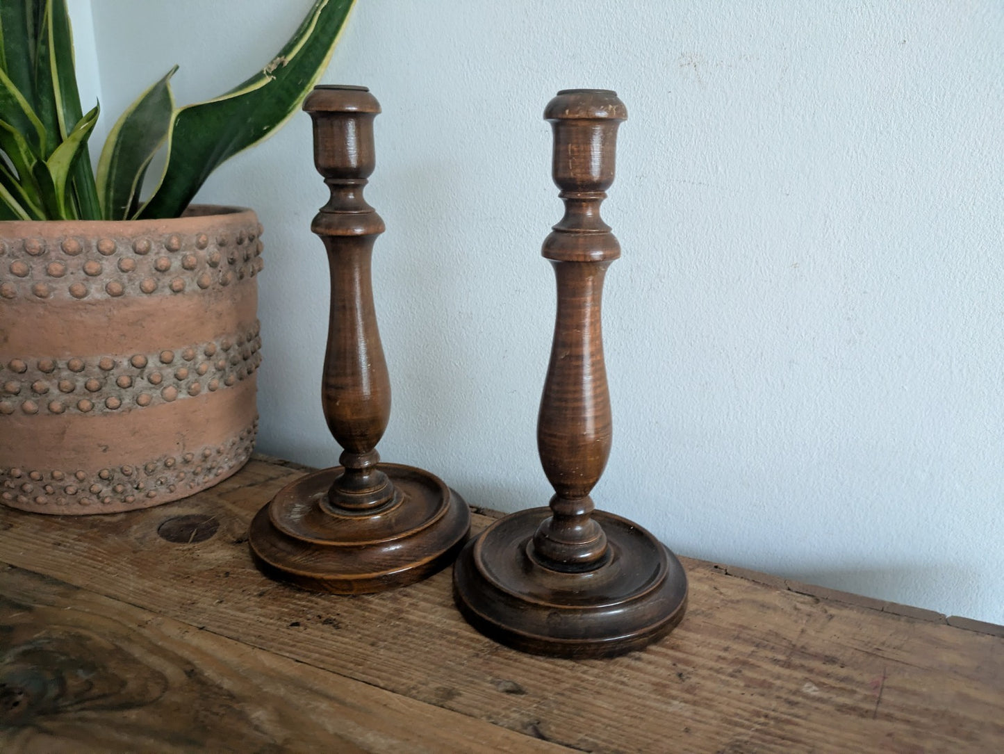 Vintage Antique Wood Candlestick Holders Pair Hand Turned Candle Victorian 24cmH