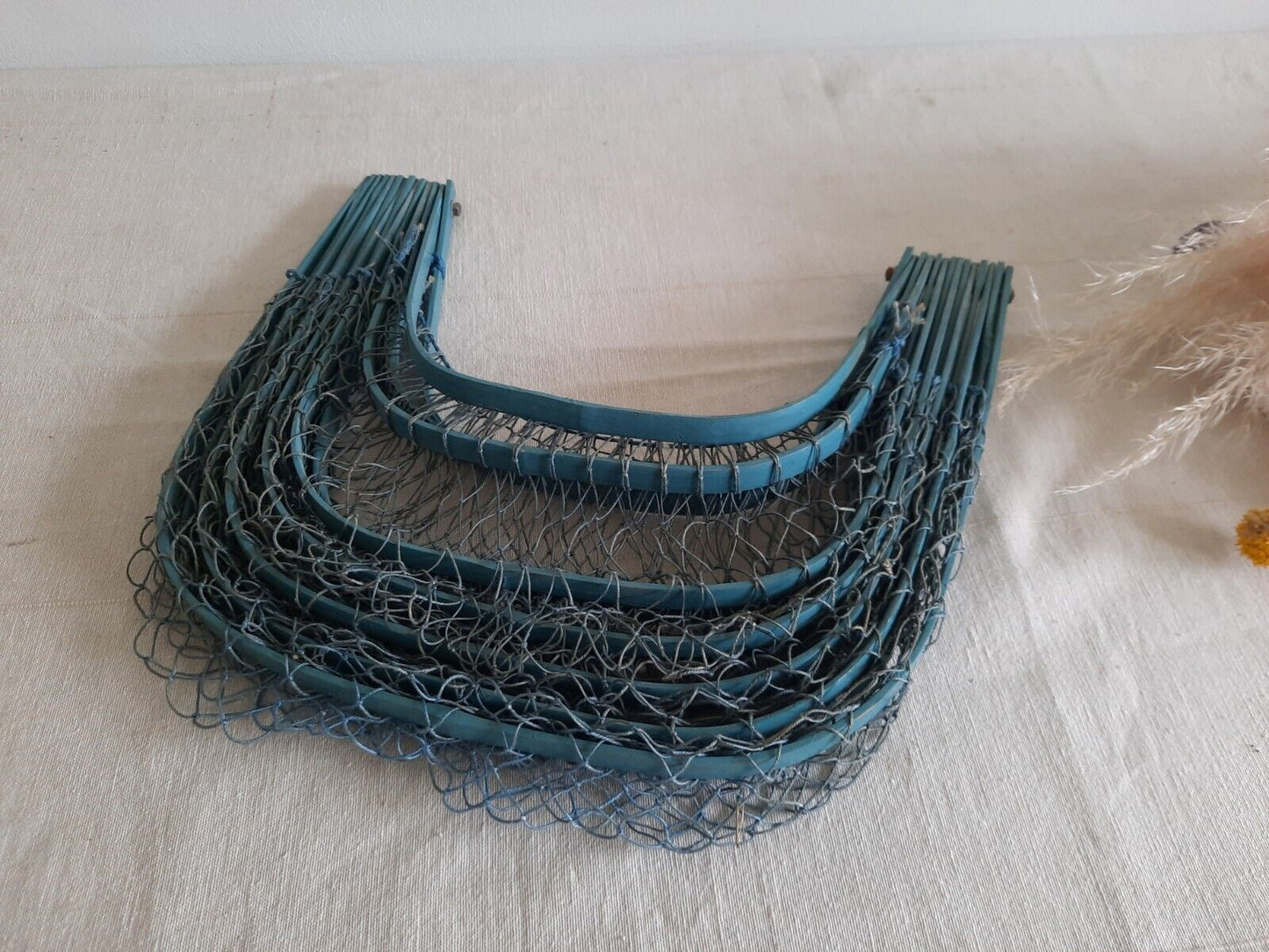 Vintage French Folding Bentwood Fishnet Basket Retro Handbag Blue 1950s Rare Old