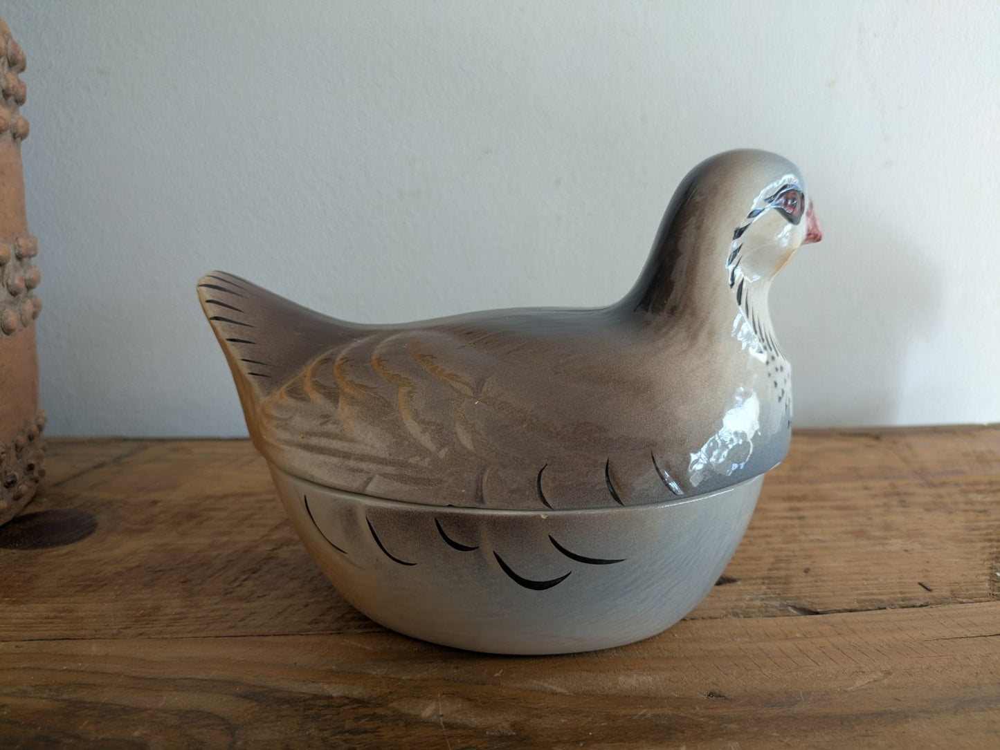 RARE VINTAGE FAIENCE PATE DISH WITH LID - PIGEON / DOVE - MICHEL CAUGANT BIRD
