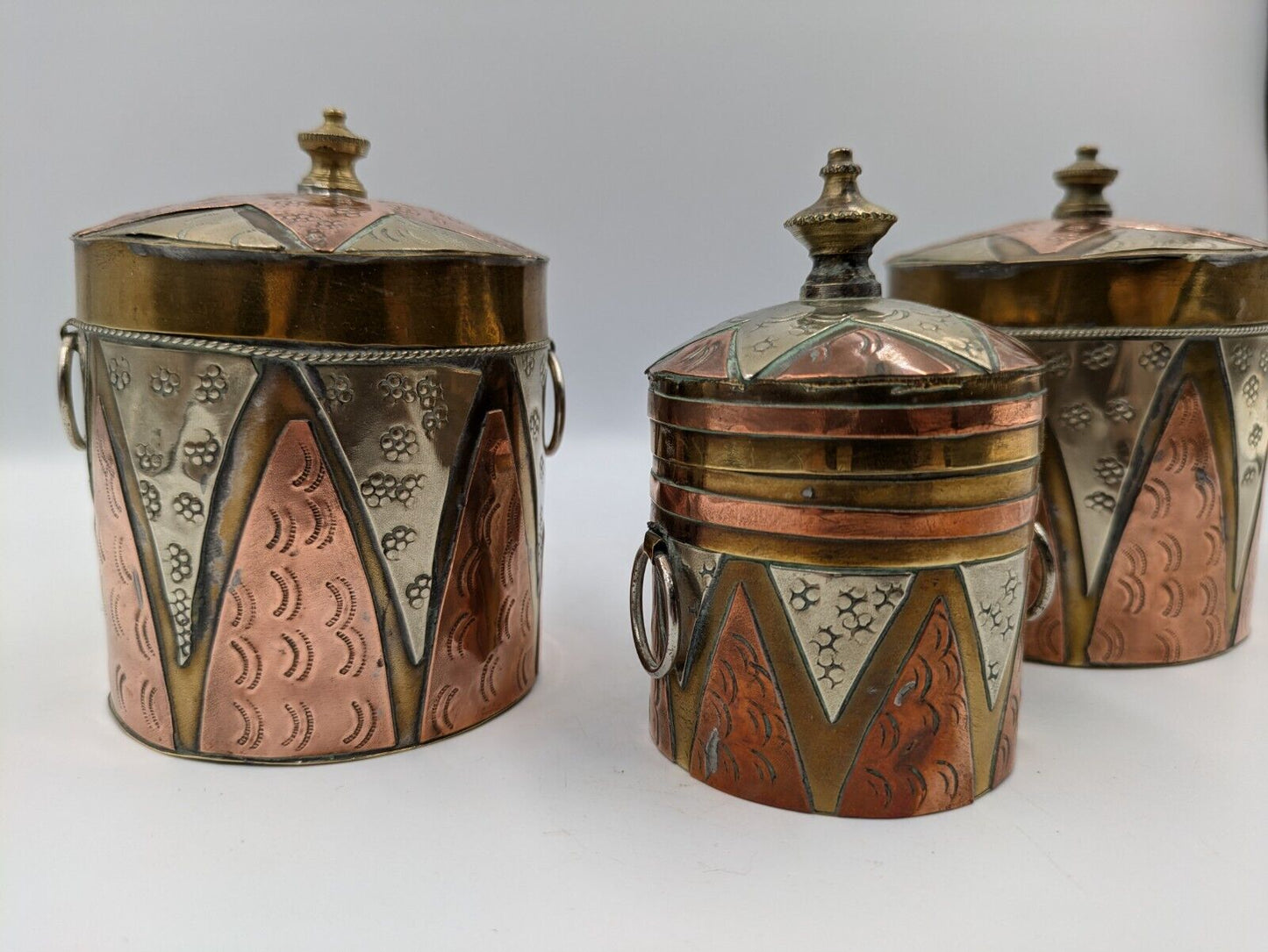 SET OF 3 VTG ISLAMIC PERSIAN COPPER BRASS MIXED METALS SNUFF HANGING BOX GIFT