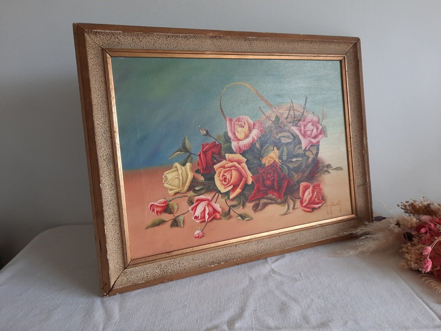 1950's Painting Floral Bouquet Picture frame vintage Shabby Chic Still Life Old