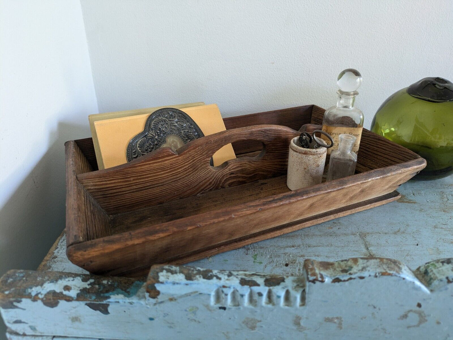Antique Victorian Pine Cutlery Tray Holder Kitchen Trug Rustic Handy Vintage Old