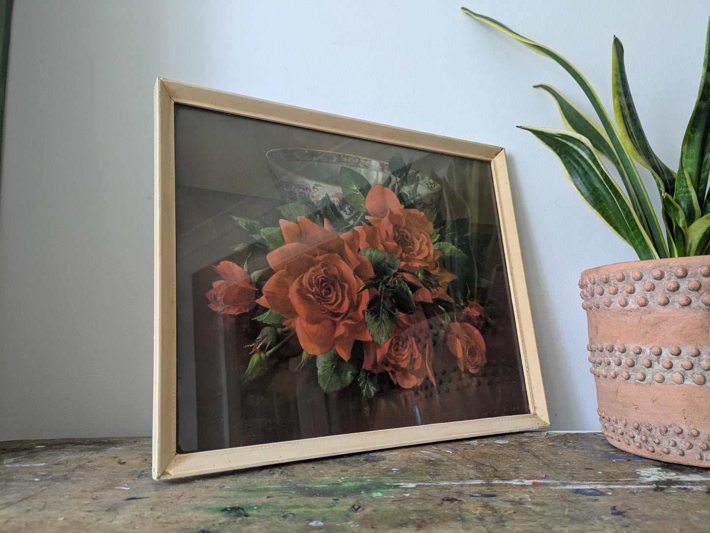 Vintage Kitsch Retro Frame floral bouquet PRINT original Landscape Red Rose Old