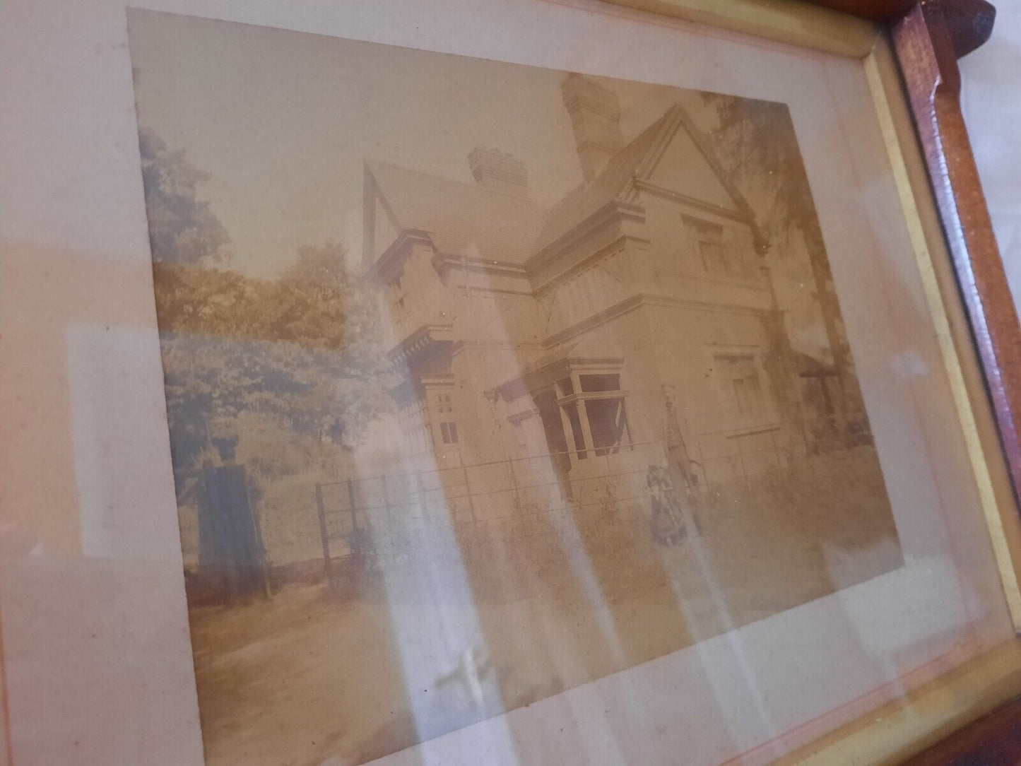 Antique Tramp Art Frame photo inset wooden rare 19th century oak copper finials