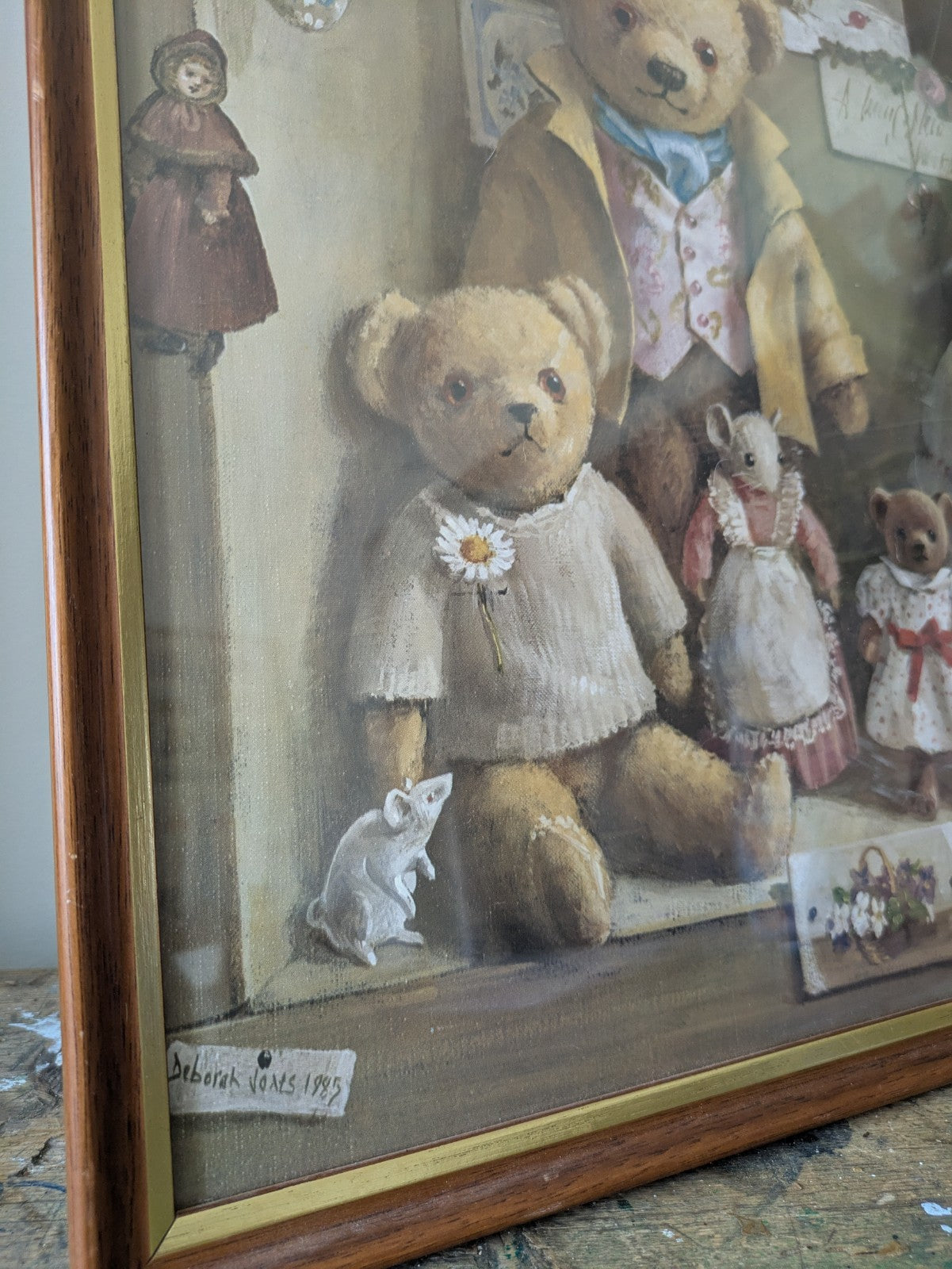 Large Vintage Deborah Jones Teddy Bear Print Framed Nursery Toys Child's Room