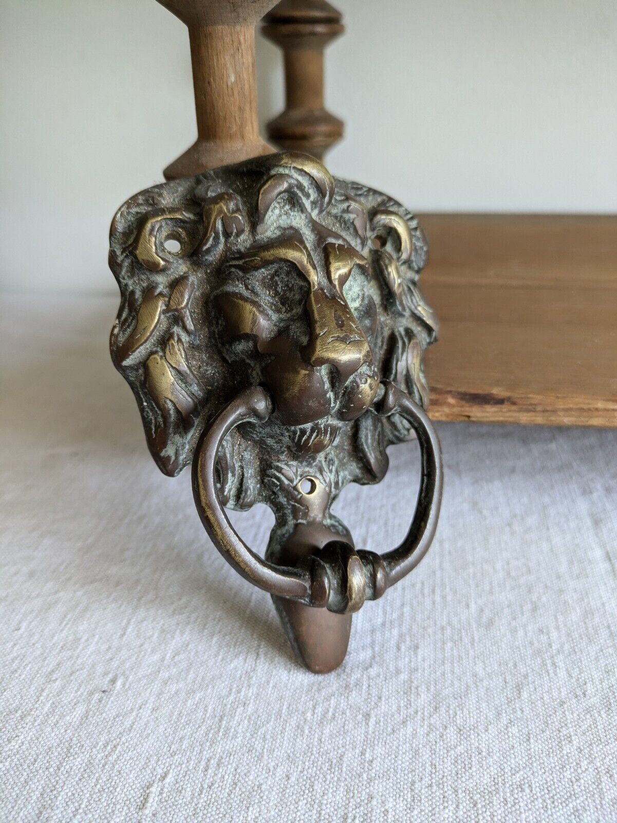 Antique Brass Gold Lion Head Face Front Door Knocker Vintage Handle Large Patina