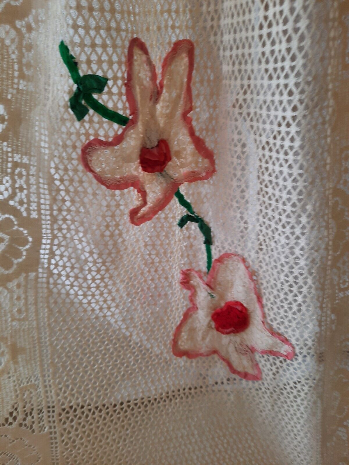 XL Vtg Crochet Embroidered Flowers Ribbon Work Lace Trim Tablecloth Boho Rare
