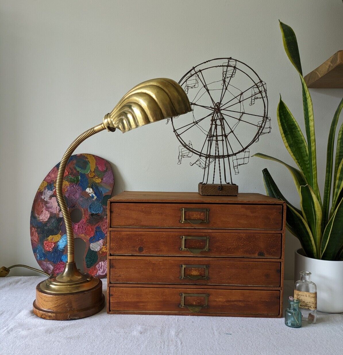 VINTAGE 1920s 30s ANTIQUE ART DECO BRASS GOOSENECK SHELL CLAM DESK LAMP WORKING