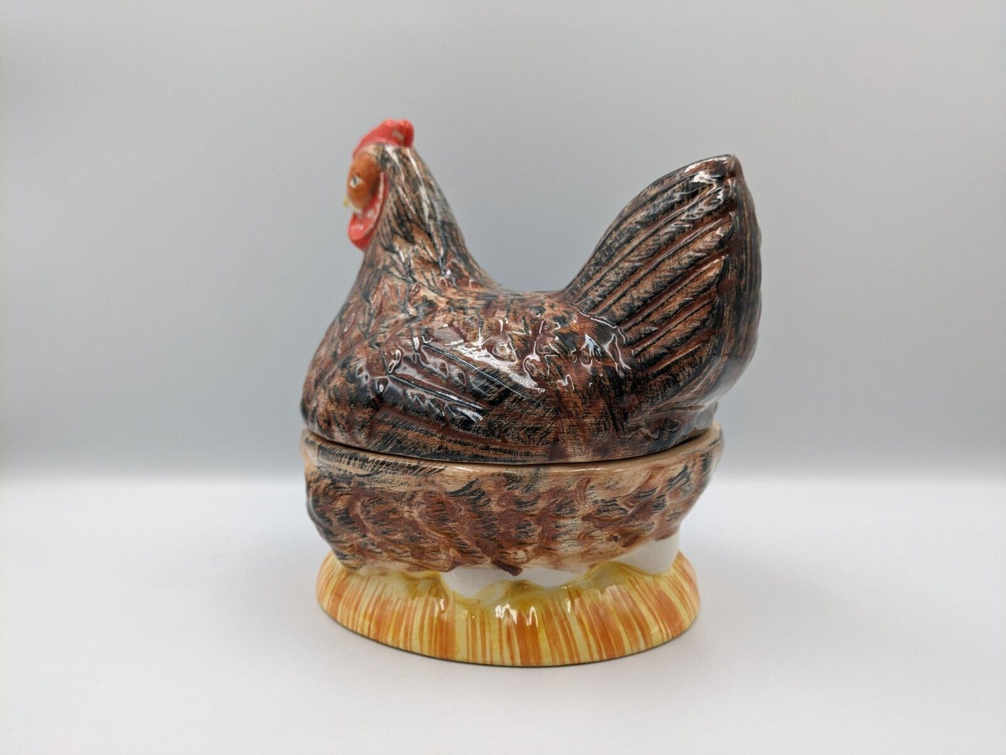 Vintage Michel Caugant French Faience Hen Figurine Pâté Terrine Dish Majolica