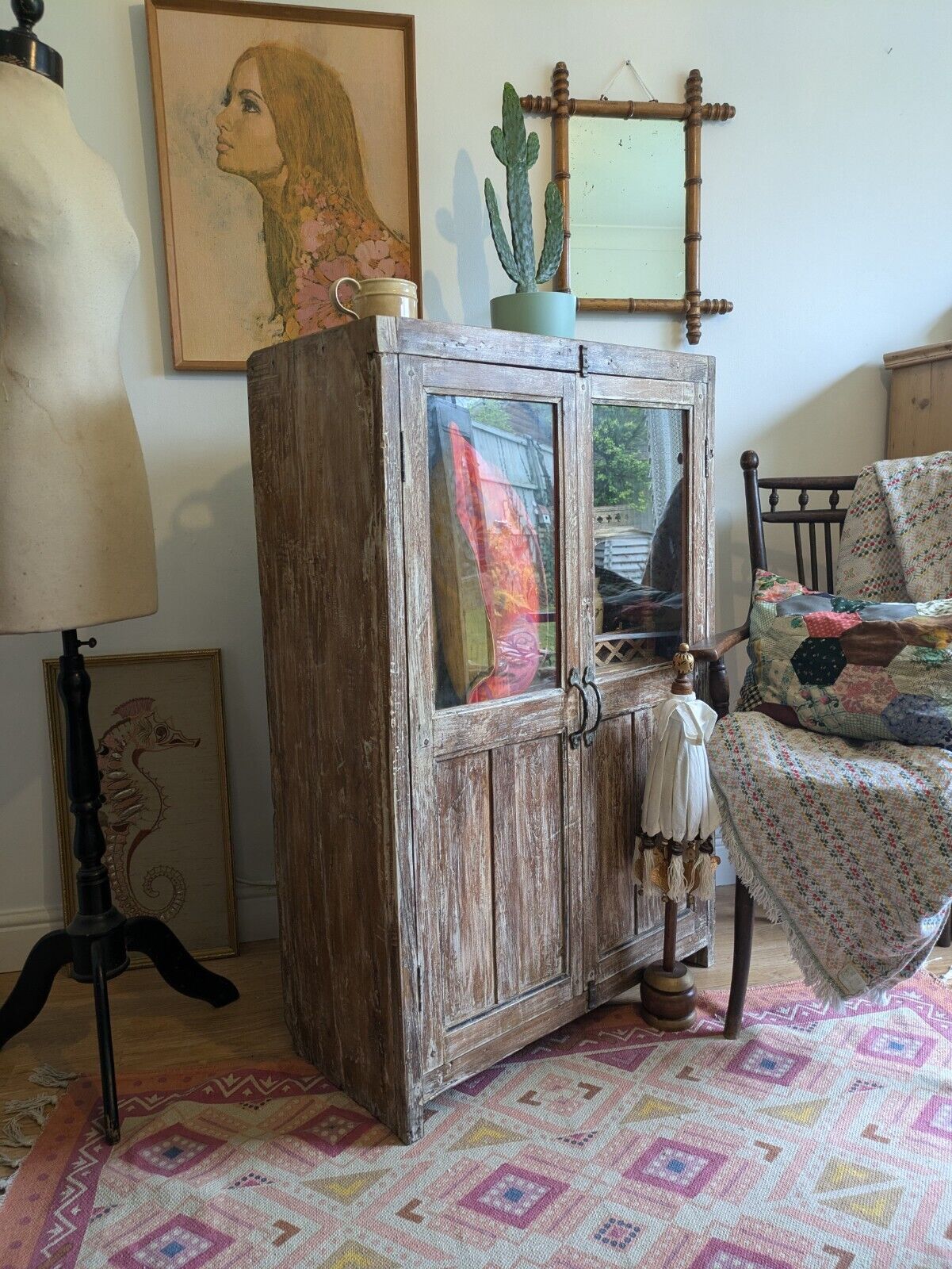Restored Antique VTG Wood Indian Cabinet Cupboard Paint Glazed Reclaimed Rustic
