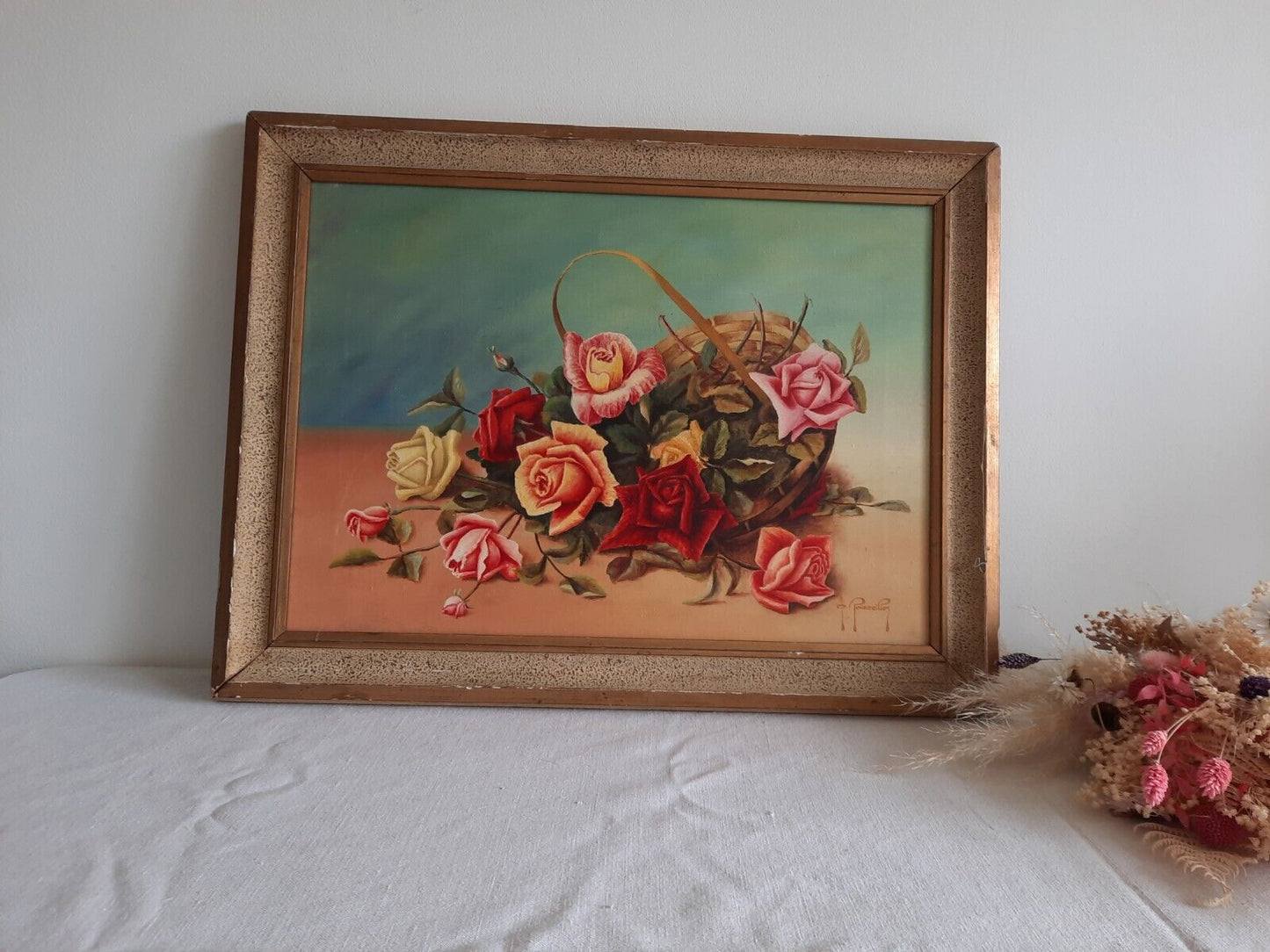1950's Painting Floral Bouquet Picture frame vintage Shabby Chic Still Life Old