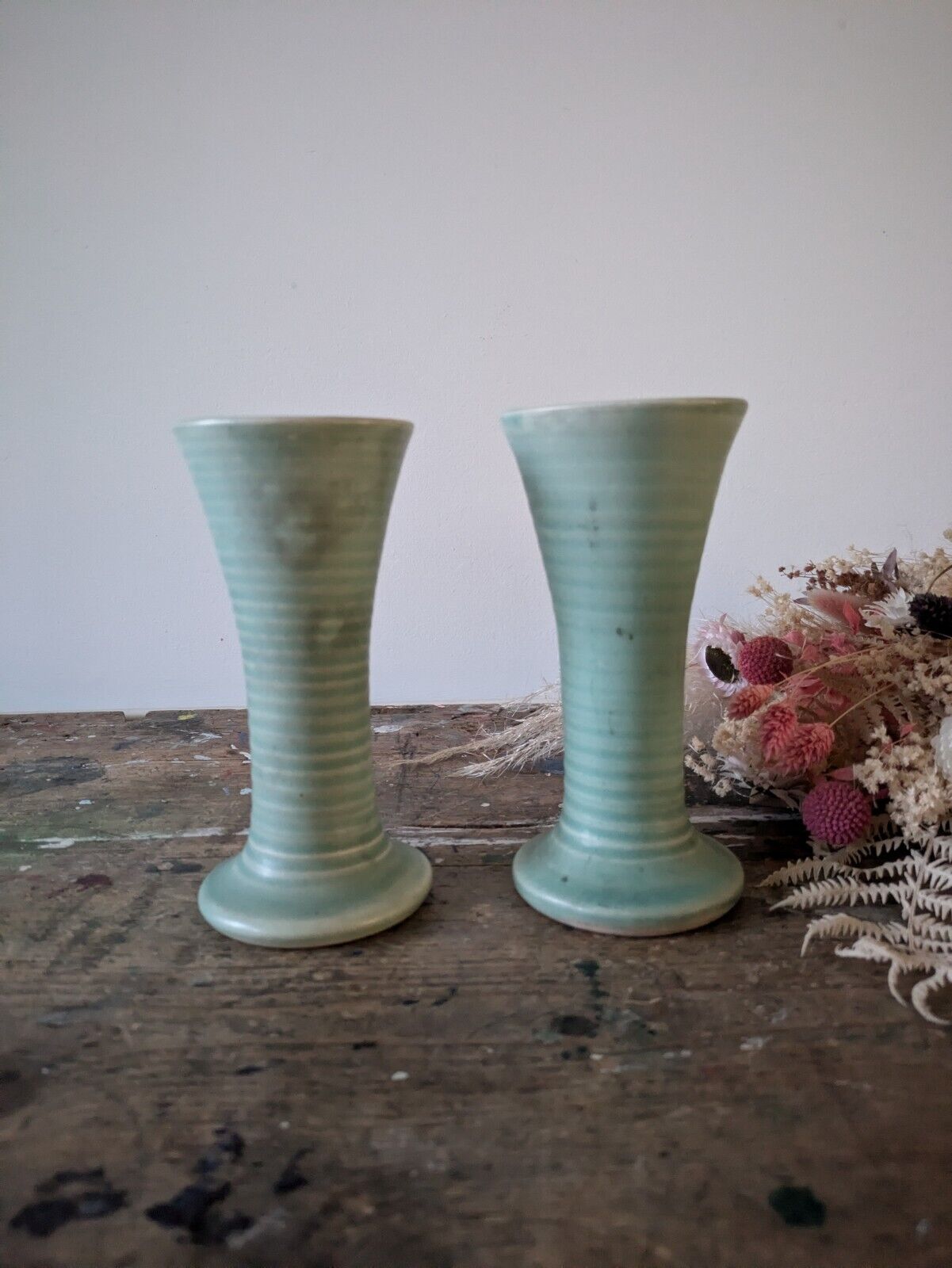 2x Lovatts Langley Pottery Ribbed Vase Windsor Green Vintage 1930's Pair Fluted
