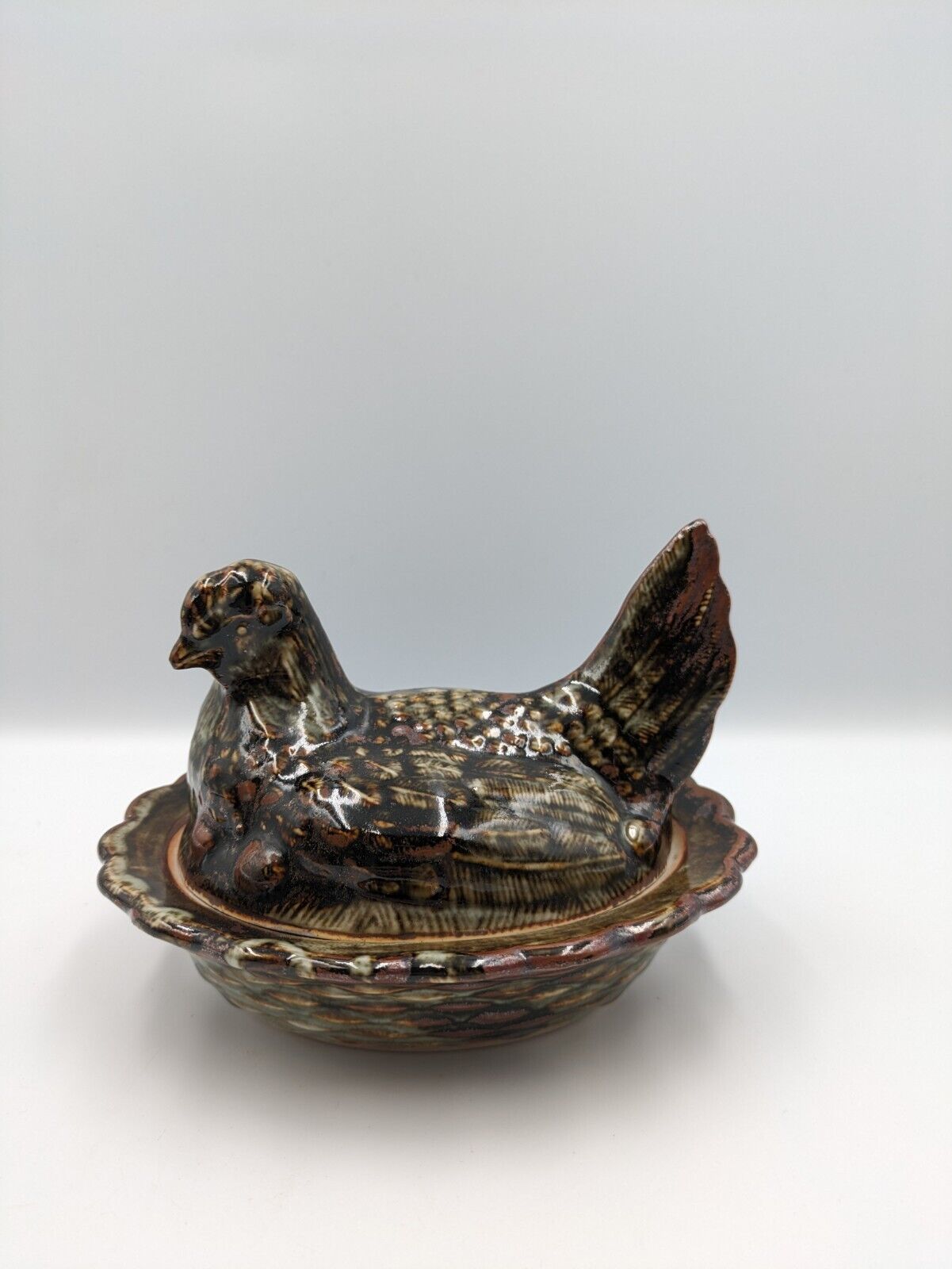 Antique Victorian Brown pottery Hen on Nest egg crock Tureen Terrine Egg Holder