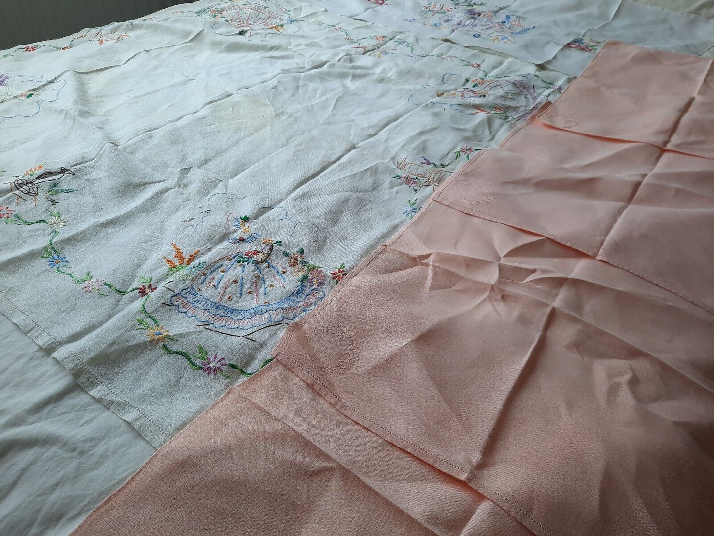 Job lot vtg embroidered retro table cloths cotton floral runner crinoline lady!!