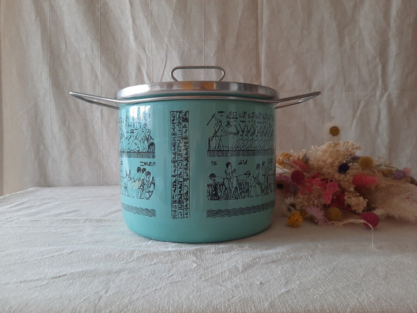 XL Pot in Metal Enamelled Turquoise Duck Egg Siltal Egyptian Design Vtg Retro MC