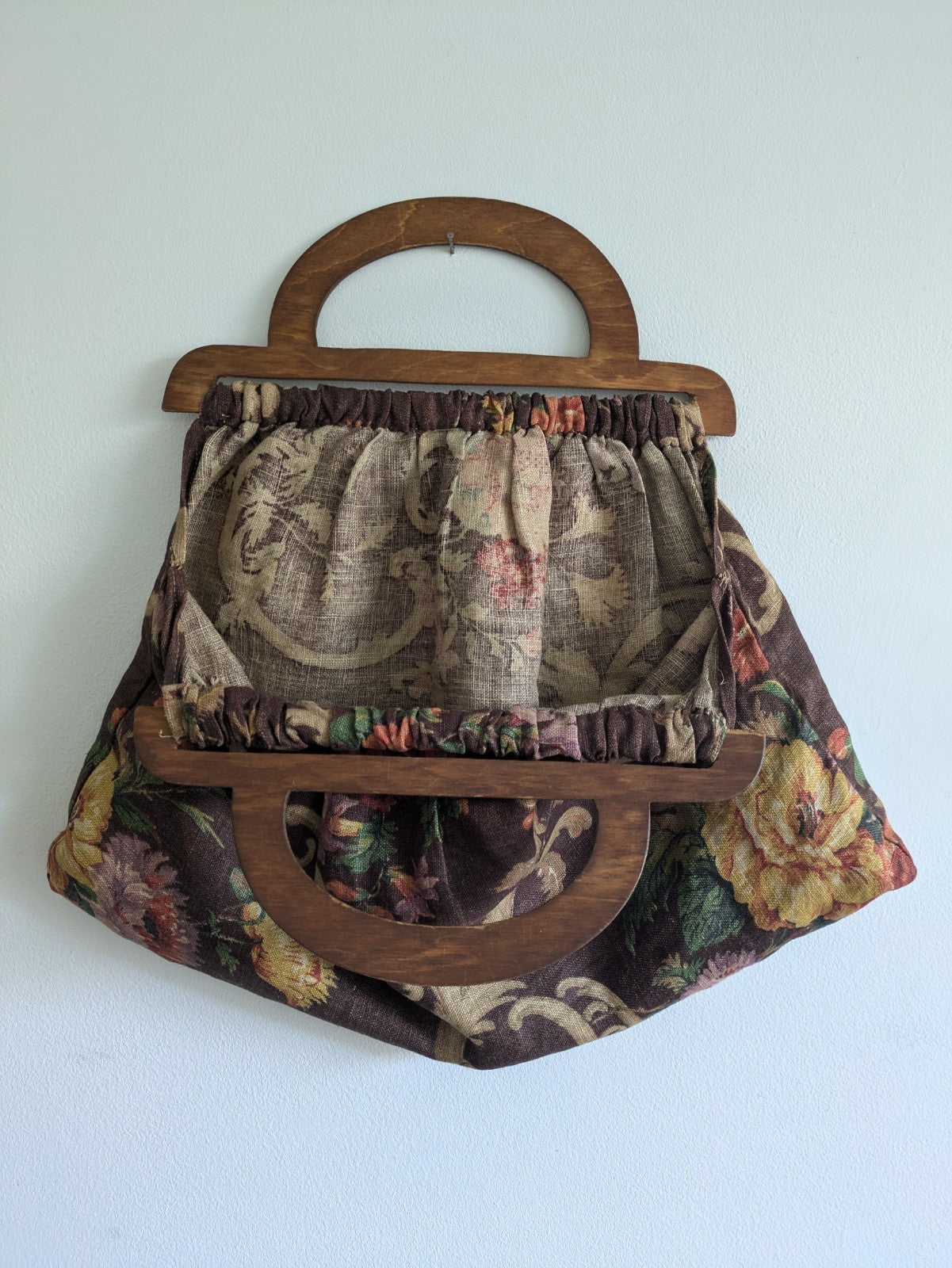 Vintage Wooden Handle Floral Print Handbag Clutch Bag Knitting Sewing Sanderson