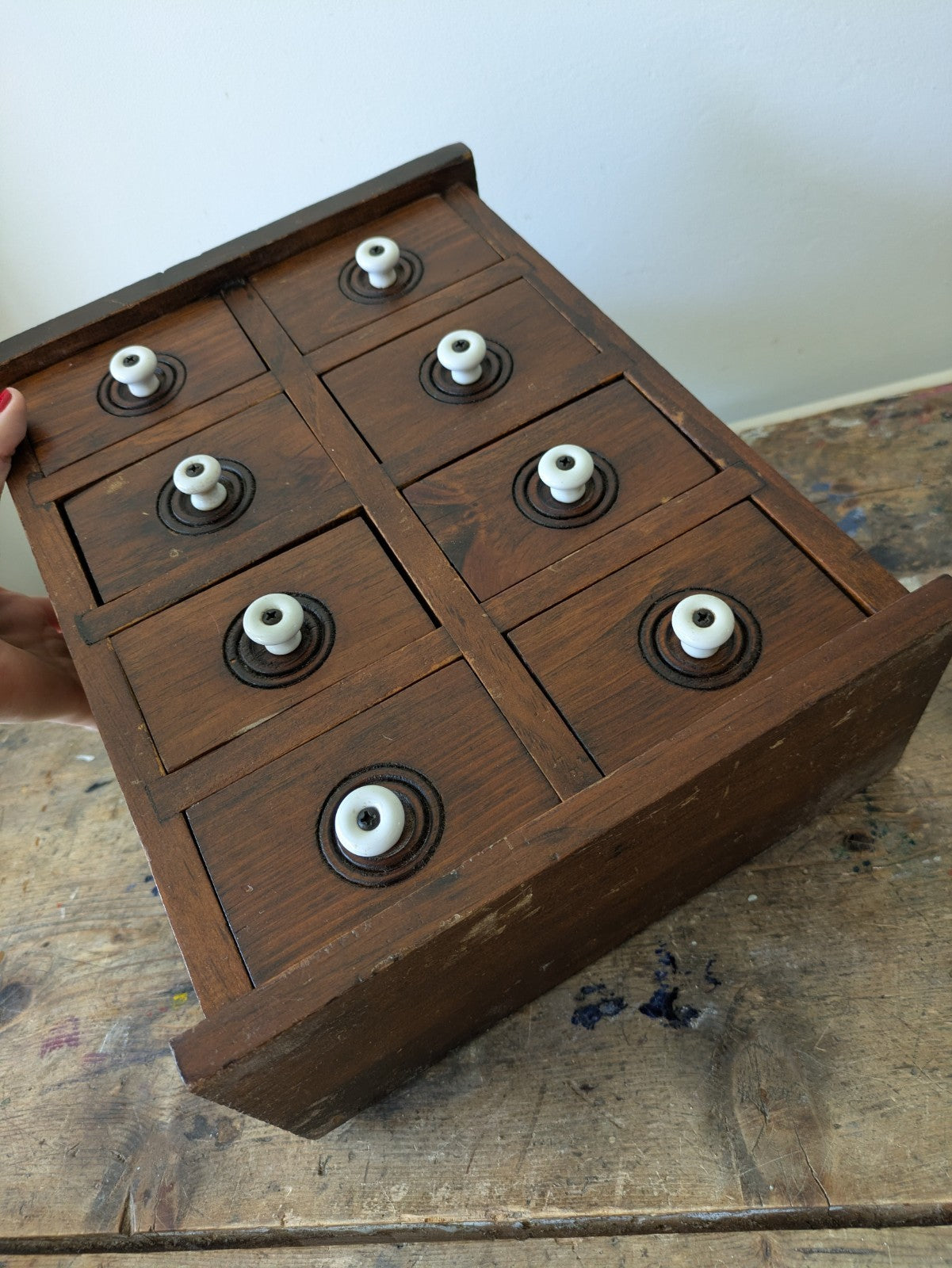 Antique Set of Eight Early 20th Century Wooden Spice Drawers Porcelain Knobs Vtg