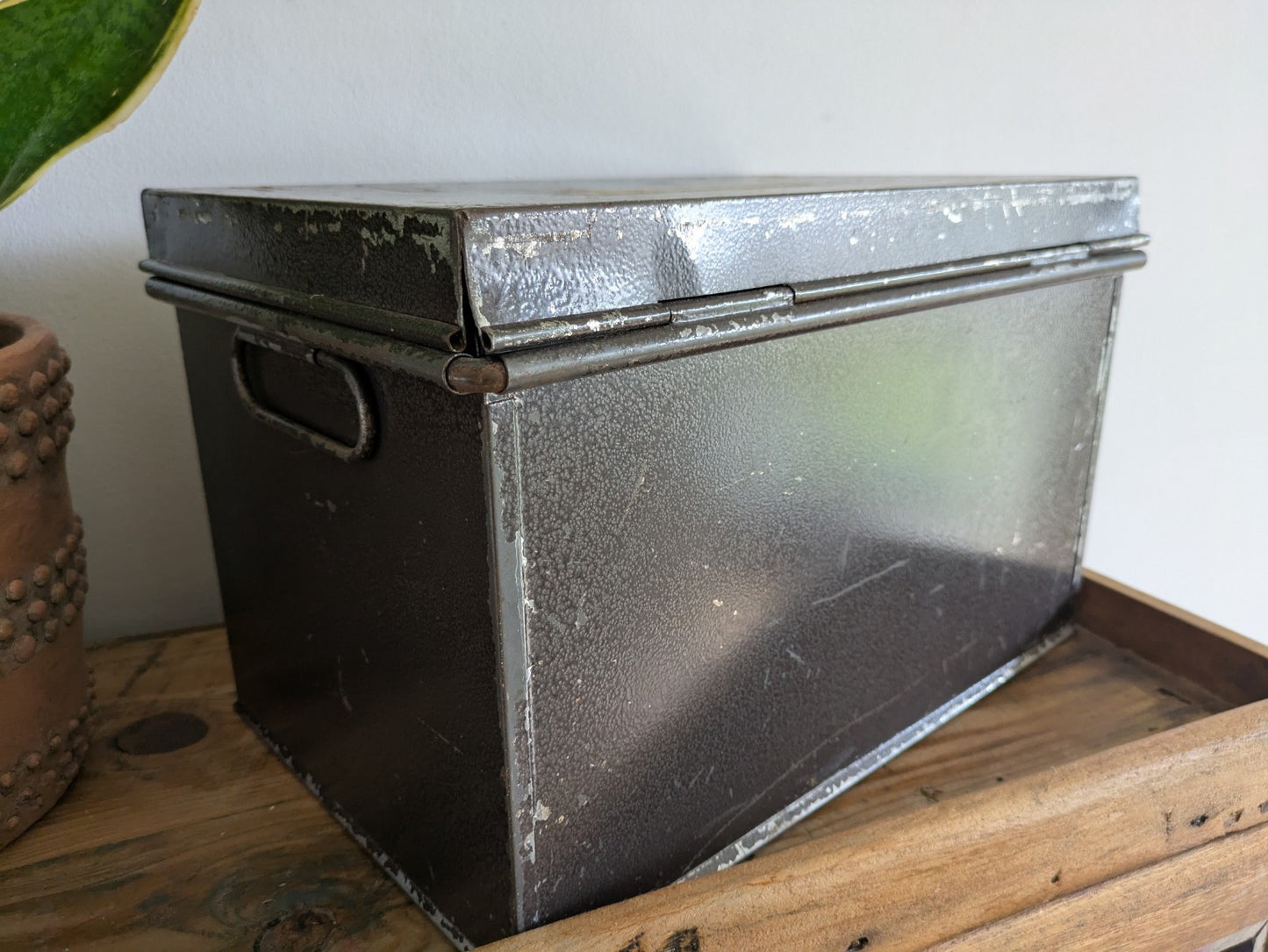 Vintage Metal Box Document Deed BOX Grey Latch Hinged Lid Large Cash Tin File