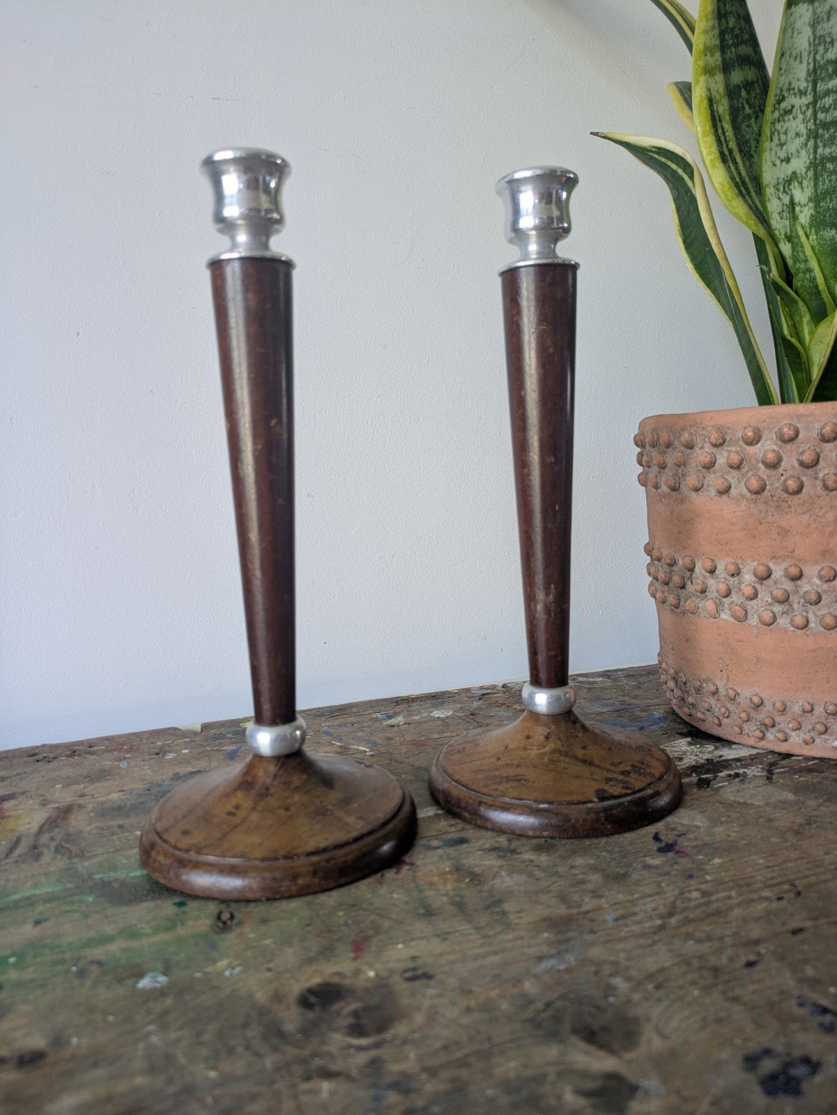 Pair of Antique Classic Tall Wood & Metal Candle Sticks Holders Art Deco Vintage