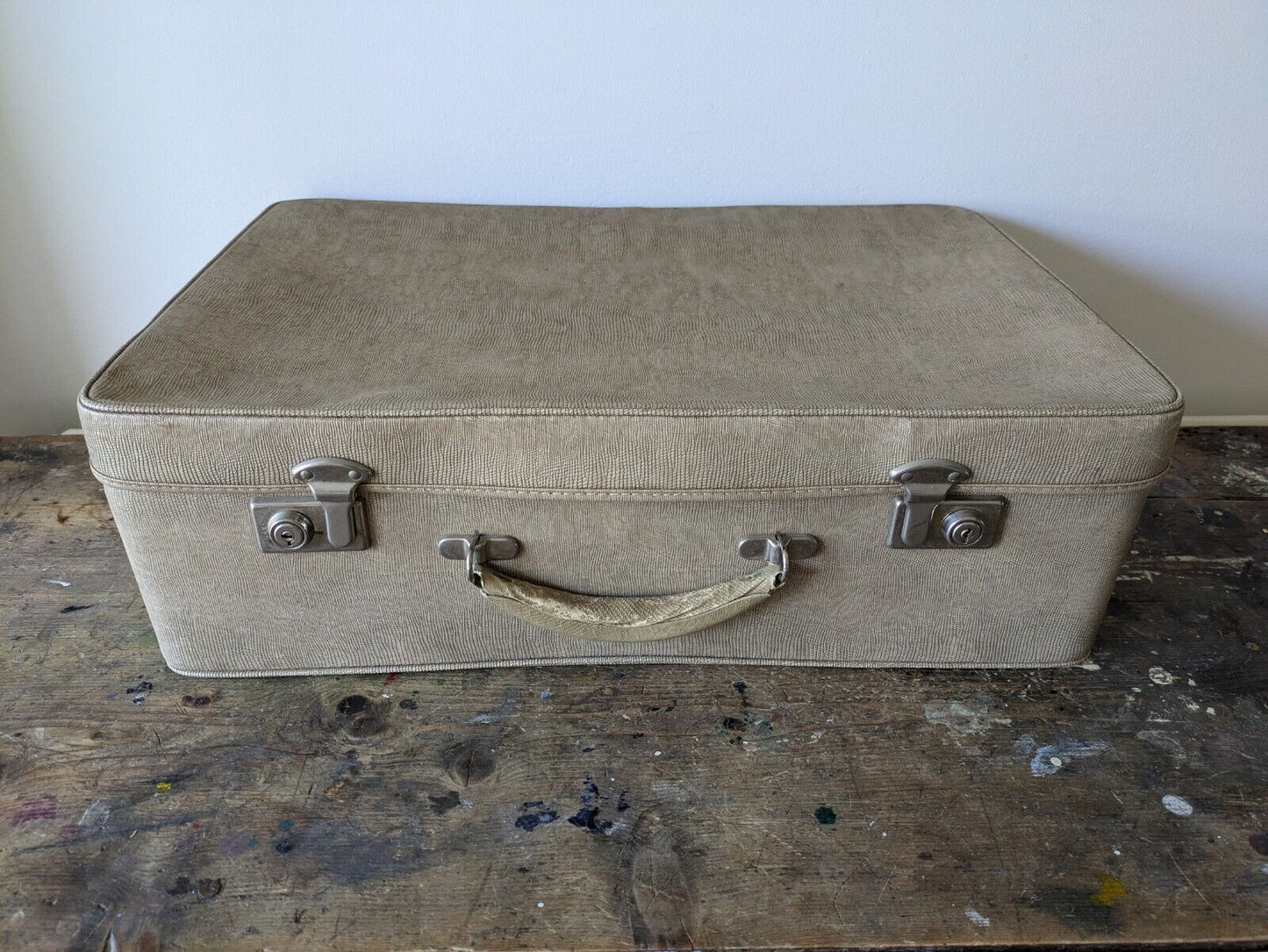 Vintage Faux Animal Skin Suitcase Beige Off White Cream Retro Luggage Prop Vgc