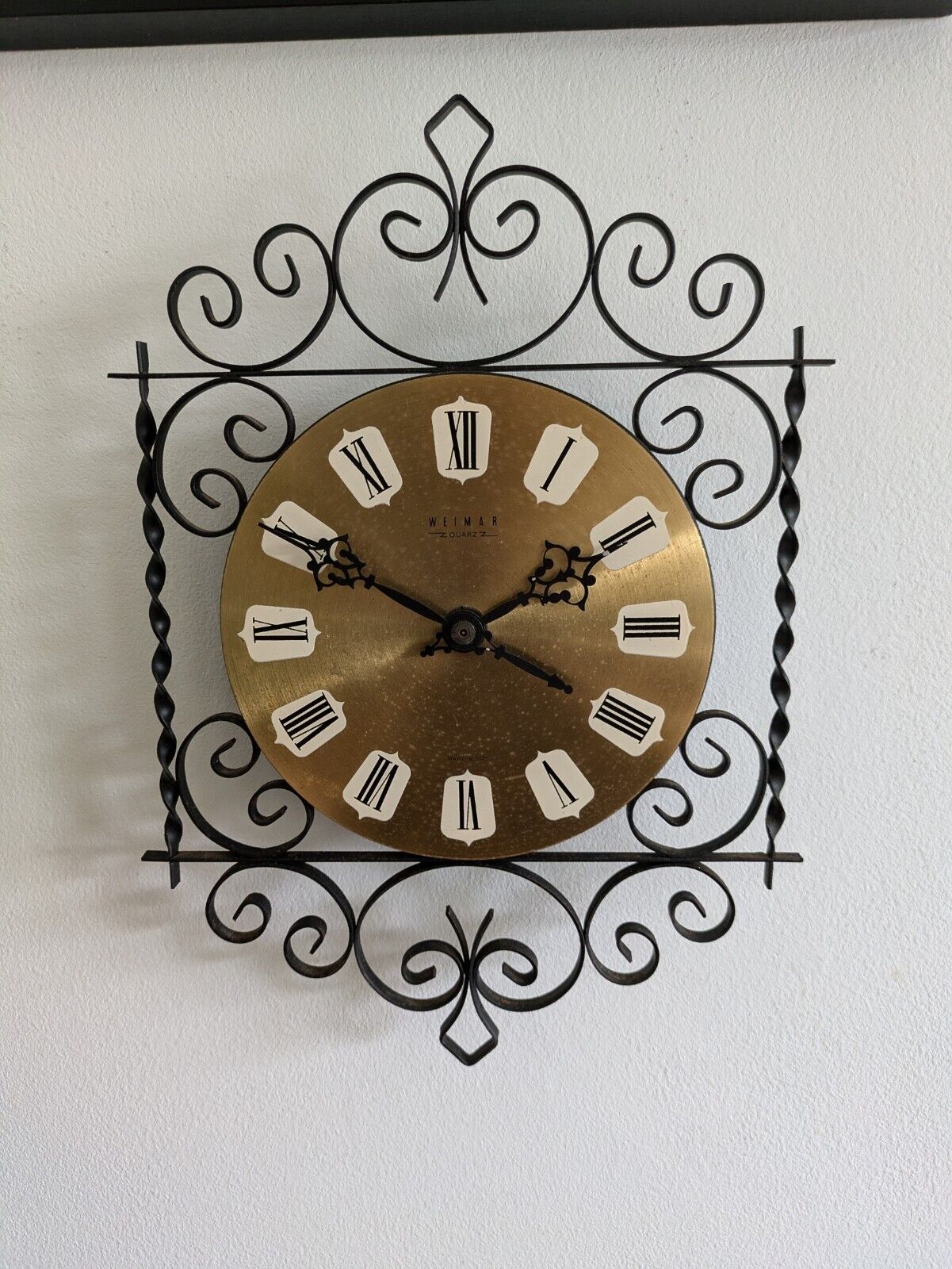 Vintage Weimar Ornate Battery Wall Clock Black Metal Scroll Mid Century MCM 70s