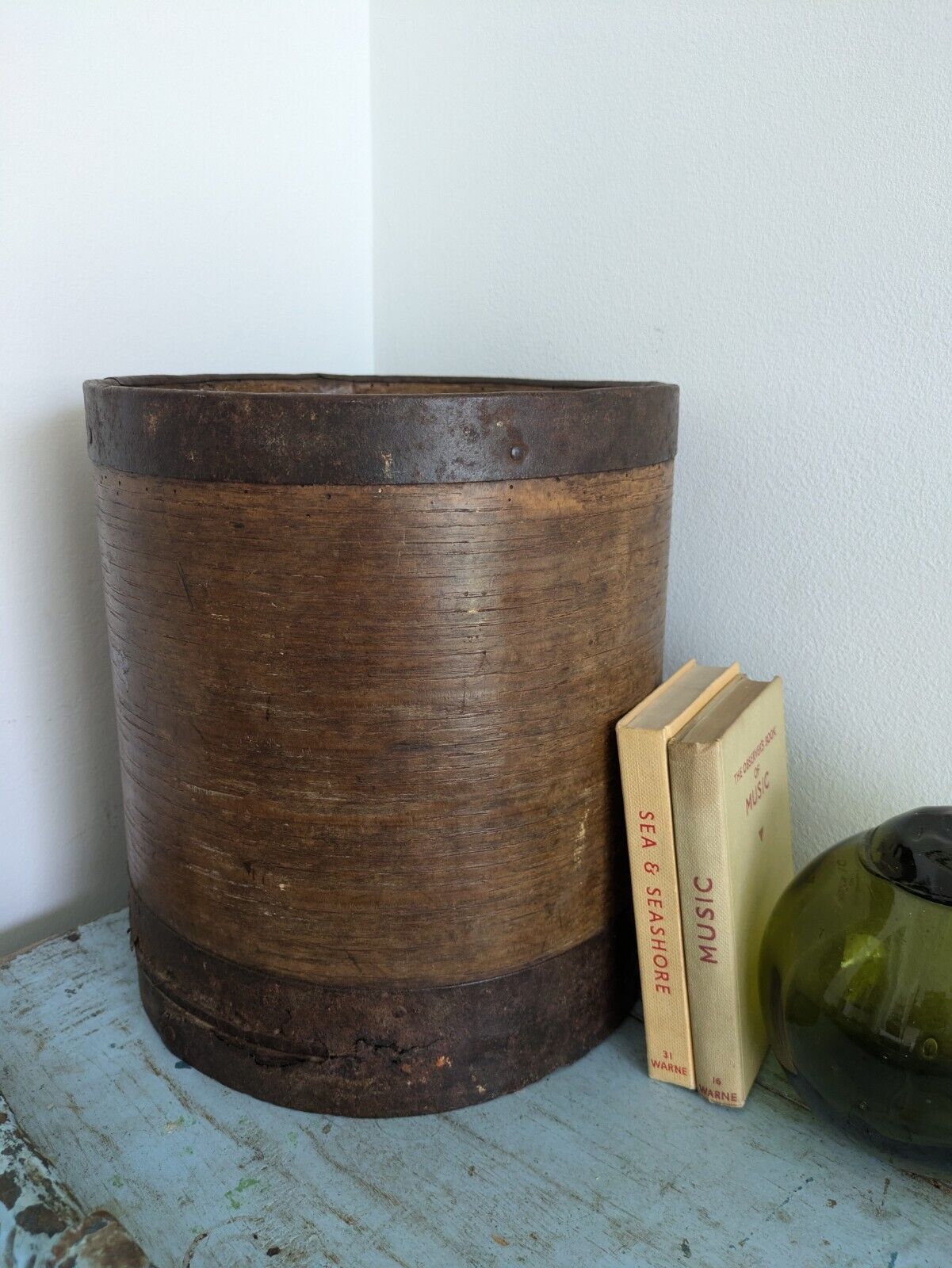Vintage Bentwood Primitive Heavy Iron Grain Measure Pot Handmade Banded Metal